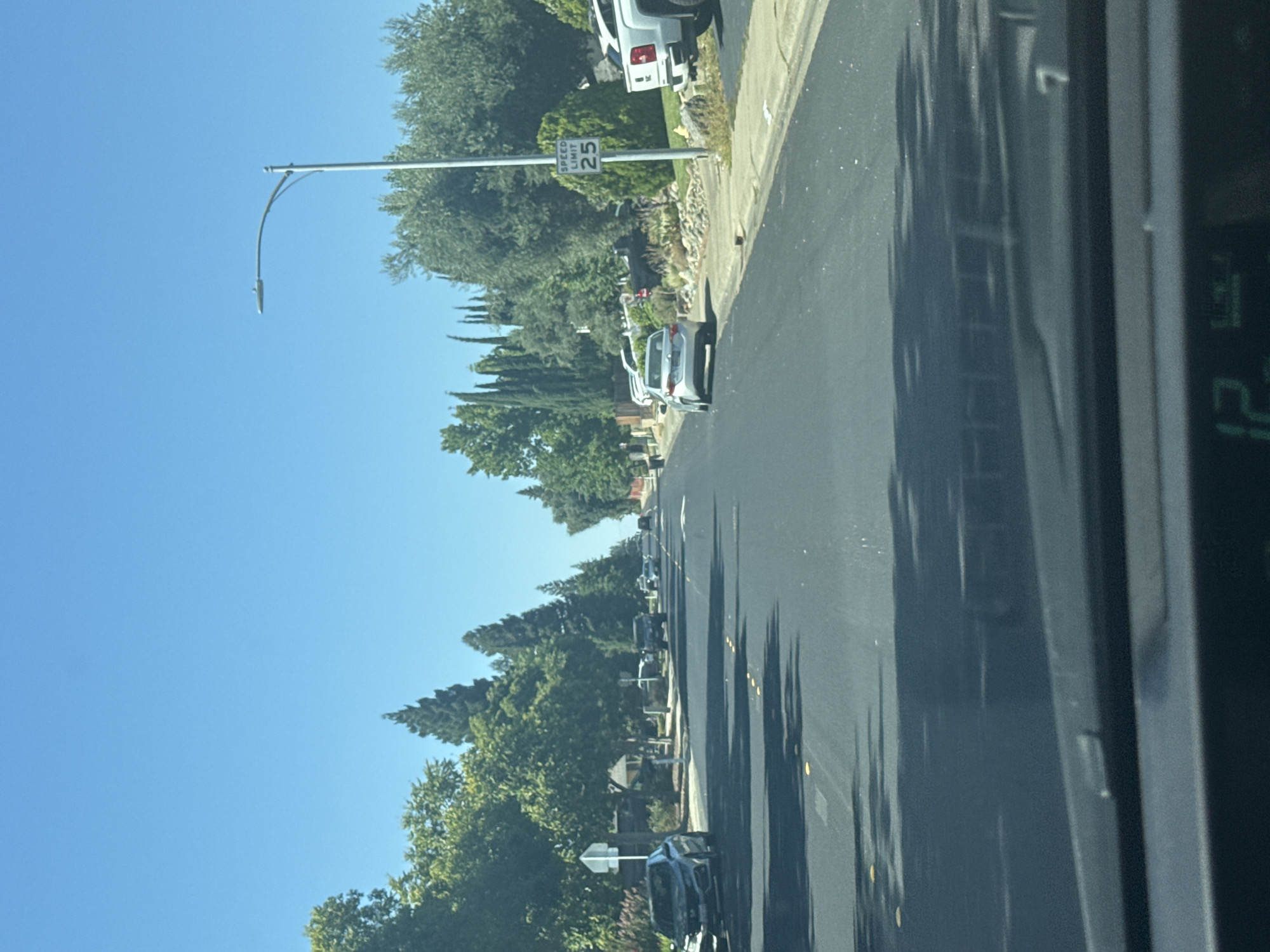 The image captures a suburban street in Roseville, California, USA, on a clear, sunny day. The perspective is from inside a vehicle, looking forward down a paved road lined with trees and houses. Several cars are parked along the street and in driveways. A speed limit sign indicating "25" is visible on the right side of the road. The overall scene depicts a tranquil residential environment.