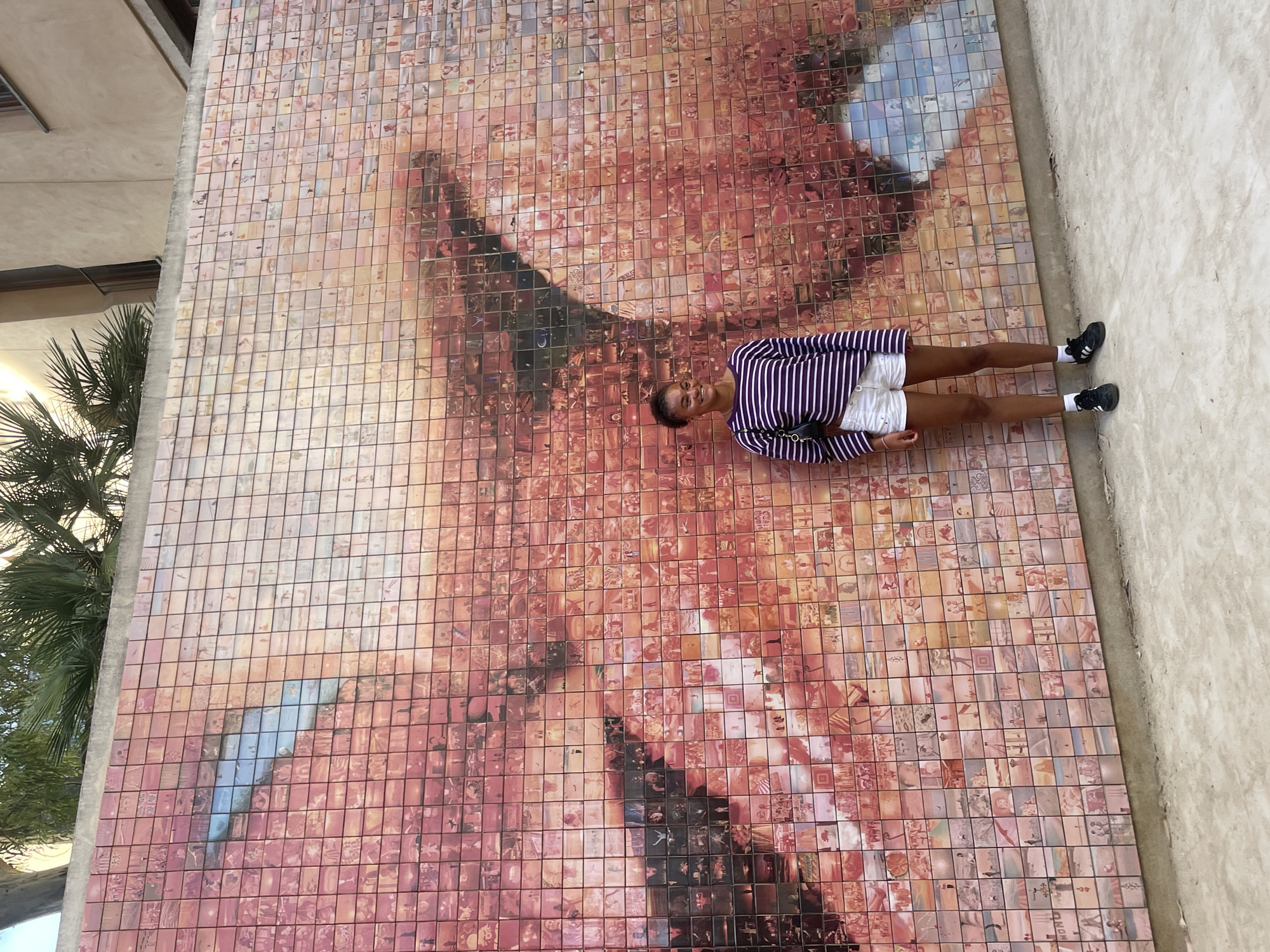 A young woman stands centered in the lower portion of the frame, positioned in front of a large, outdoor mosaic mural. The mural, located in Plaça d'Isidre Nonell in the Gothic Quarter of Barcelona, Spain, is composed of thousands of small, rectangular photographic tiles. Collectively, these tiles form a large-scale close-up of a human face, specifically the right side (from the viewer's perspective), with an eye, nose, and mouth prominent. The overall color scheme of the mural is warm, dominated by shades of red, orange, and brown, though a distinct diagonal band of blue tiles forms part of the large eye in the upper left section.
The woman has dark skin and her dark hair, styled in braids, is pulled back. She smiles broadly and looks towards the left side of the image. She wears a long-sleeved shirt with alternating horizontal stripes of purple and white, white denim shorts, white ankle socks, and black athletic shoes with white soles and stripes. A small black shoulder bag with a gold-colored chain strap hangs on her left shoulder.
Above the mural, green foliage, including palm fronds, is visible against a bright sky. To the upper right, a section of a light-colored building with a window and a narrow balcony railing is present. The ground in the foreground is a light grey, textured paved surface. The scene is illuminated by natural daylight.