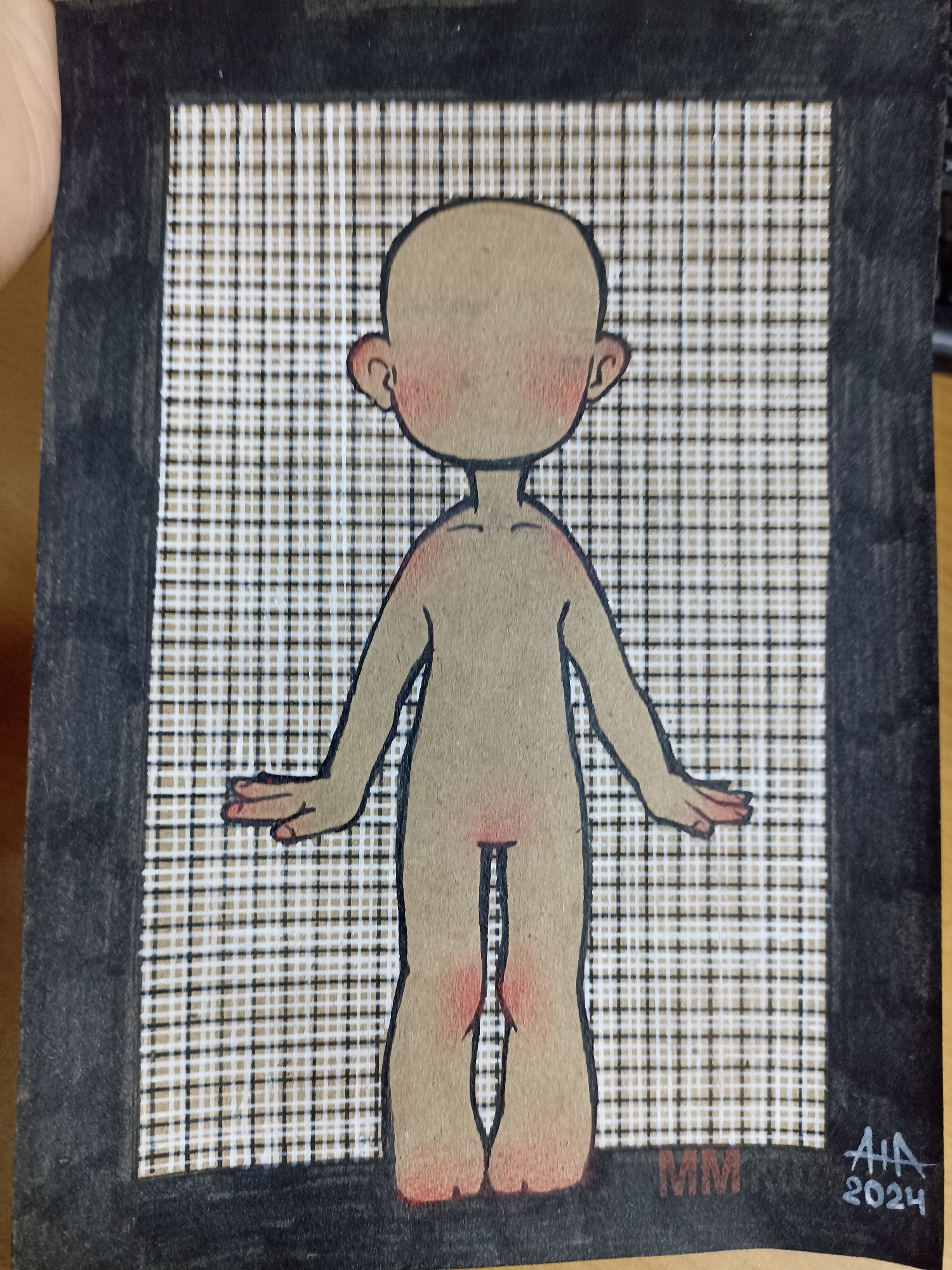 The image is a drawing of a blank humanoid figure with a bald head and rosy cheeks, standing in front of a grid-patterned background. The figure has its arms outstretched and slightly bent at the elbows, with hands open and palms facing forward. Reddish coloring is visible on the cheeks, shoulders, elbows, knees, and feet of the figure. The background is a checkerboard pattern of thin black and white lines. A dark, textured border frames the entire image. There are signatures and a year at the bottom right corner of the drawing. The drawing is on a flat surface, possibly paper. There is no information in the image that would indicate a location in Moscow, Russia.