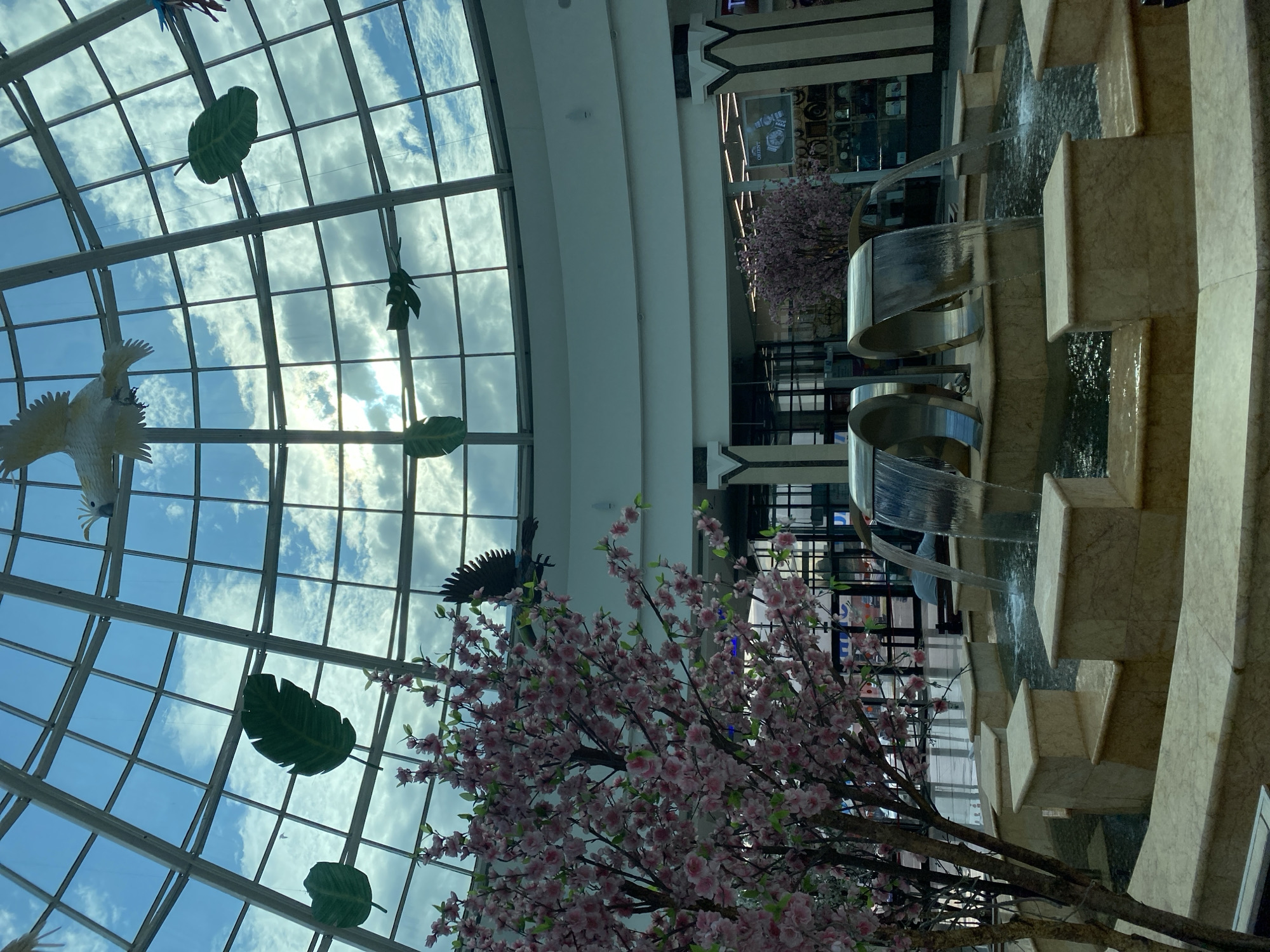 This is an interior shot of what appears to be a shopping mall or atrium, focusing on a multi-tiered fountain with water cascading from metal chutes. A decorative cherry blossom tree with pink flowers is positioned to the left of the fountain. Above, the scene is dominated by a large, domed glass ceiling with a grid pattern, through which a blue sky with scattered clouds is visible. Several large, artificial green leaves and two decorative bird figures are suspended from the ceiling. In the background, there are storefronts, one of which displays watches. The marble-like material of the fountain and surrounding structures suggests an upscale environment. There is no indication this location is in Saint Petersburg, Russia.