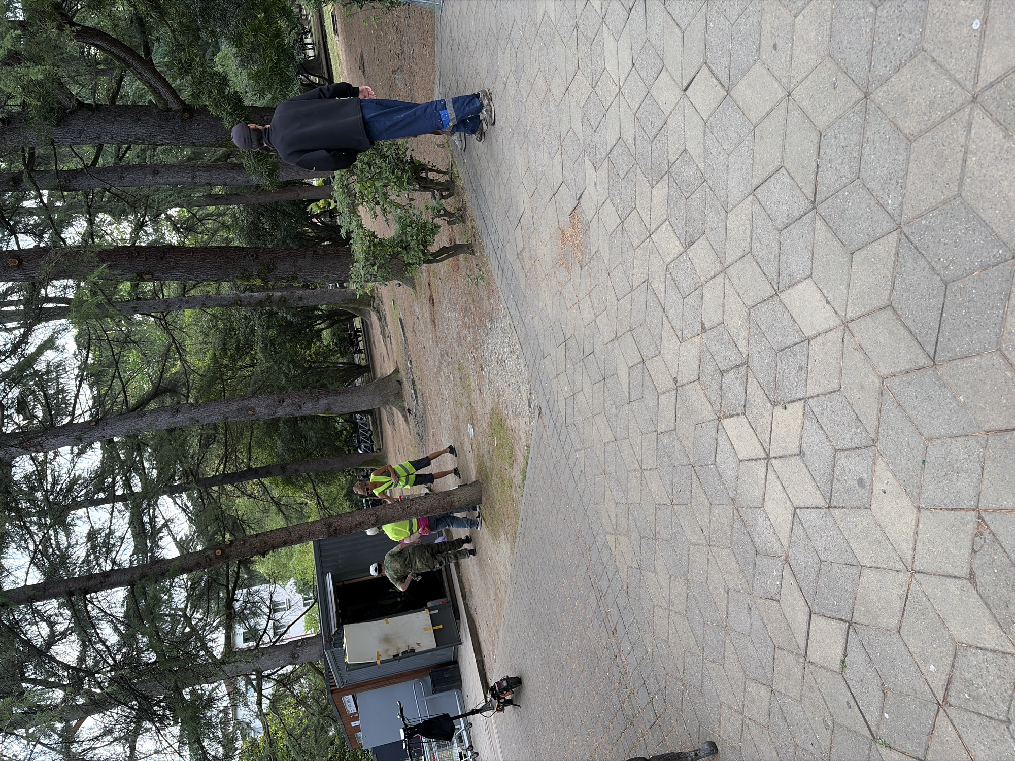The image depicts an outdoor scene in a park-like setting with tall trees and a paved pathway. In the mid-ground, several individuals are present near a grey shipping container with an open side. One person, wearing a camouflage-patterned outfit and a white cap, stands with their back to the camera, facing the container. Another person in a bright yellow vest and dark shorts is seen interacting with someone else near a tree. A third individual, wearing a black jacket, dark pants, and a baseball cap, is walking away from the viewer on the pathway. An electric scooter is parked on the pathway in the foreground to the left. The ground is paved with geometric interlocking stones, and loose soil and pine needles are scattered in areas. In the background, more trees and some foliage are visible. The overall impression is a casual outdoor gathering or work activity in a somewhat urban park.