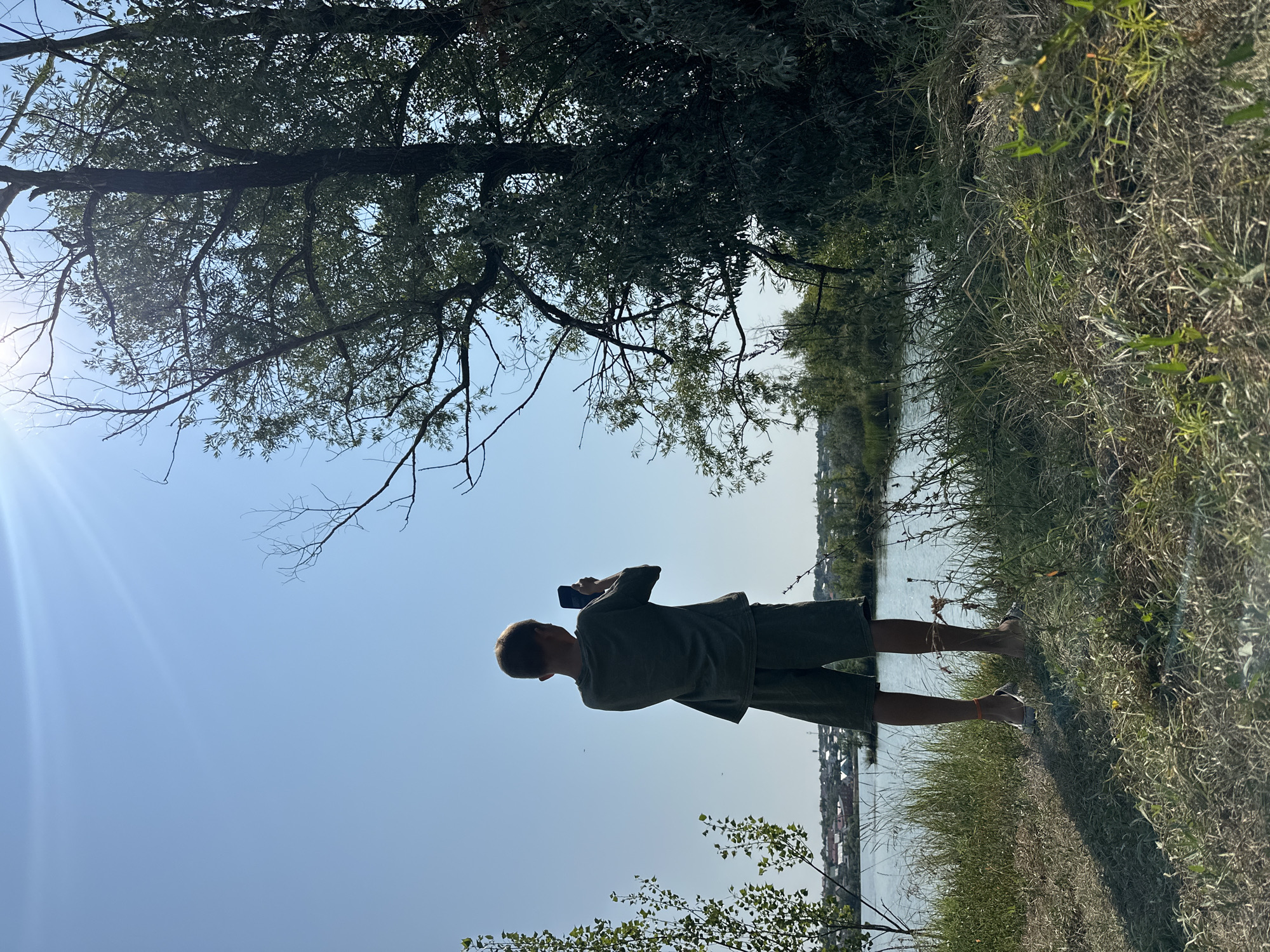 A young boy, silhouetted against a bright sun, stands on a grassy embankment near a body of water, holding a smartphone to take a picture. He is wearing a green t-shirt and shorts and appears to be barefoot. The water is calm, reflecting the clear blue sky, and across the water, a settlement with houses and buildings is visible. Tall trees with lush green foliage dominate the right side of the frame, with thinner trees and branches on the left. The overall scene suggests a sunny, outdoor environment. The location appears to be the outskirts of the city of Samarsky, Russia, based on the architectural style of the buildings and the surrounding landscape.