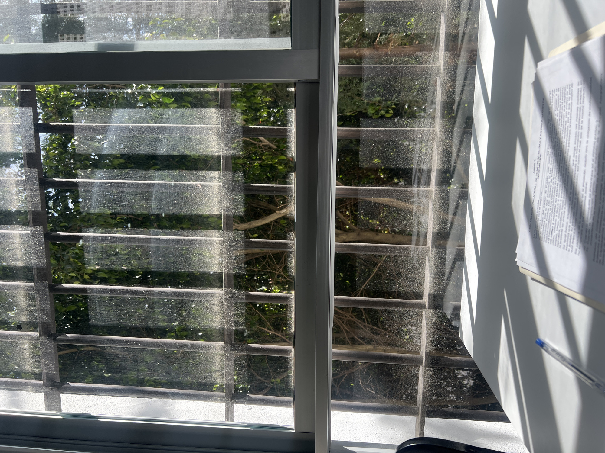 The image shows a window with multiple horizontal panes, heavily soiled with dust and debris, obscuring the view to the outside. Green foliage is visible through the window, suggesting trees or bushes. Light streams through the window, casting shadows on a white surface adjacent to it, where a document and a blue pen are partially visible. The location cannot be determined to be in Puebla, Mexico.