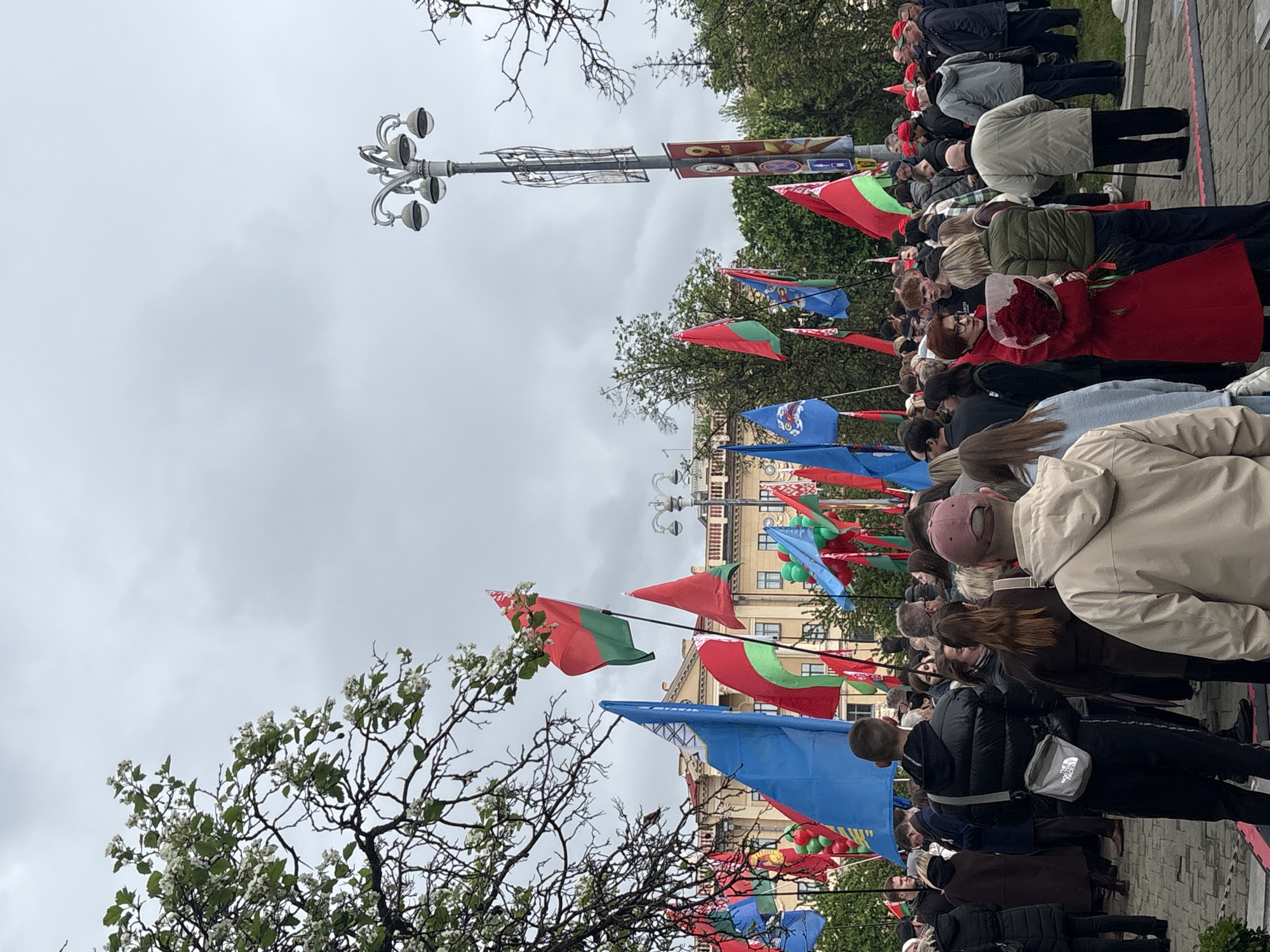 A scene unfolds outdoors, presumably a demonstration or gathering in Minsk, Belarus. A crowd of people are aligned on what appears to be a sidewalk, some holding the Belarusian national flag, as well as a blue flag with symbols. The flags create a vibrant display of color against the backdrop of a building and a cloudy sky. A street lamp stands tall, adding to the urban setting. A tree with sparse leaves is also visible in the foreground, partially obscuring the view.