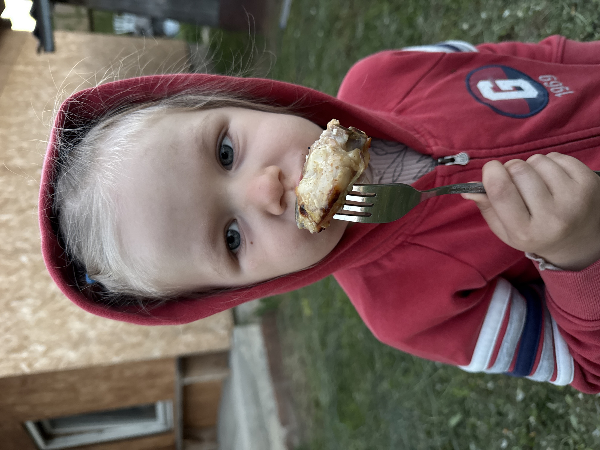 A young child with light blond hair is eating food on a fork, outdoors. The child is wearing a red hoodie with the number "1969" and the letter "G" on the upper right sleeve. The food appears to be grilled meat, possibly chicken. The background shows grass and a wooden building. Location data cannot be confirmed.