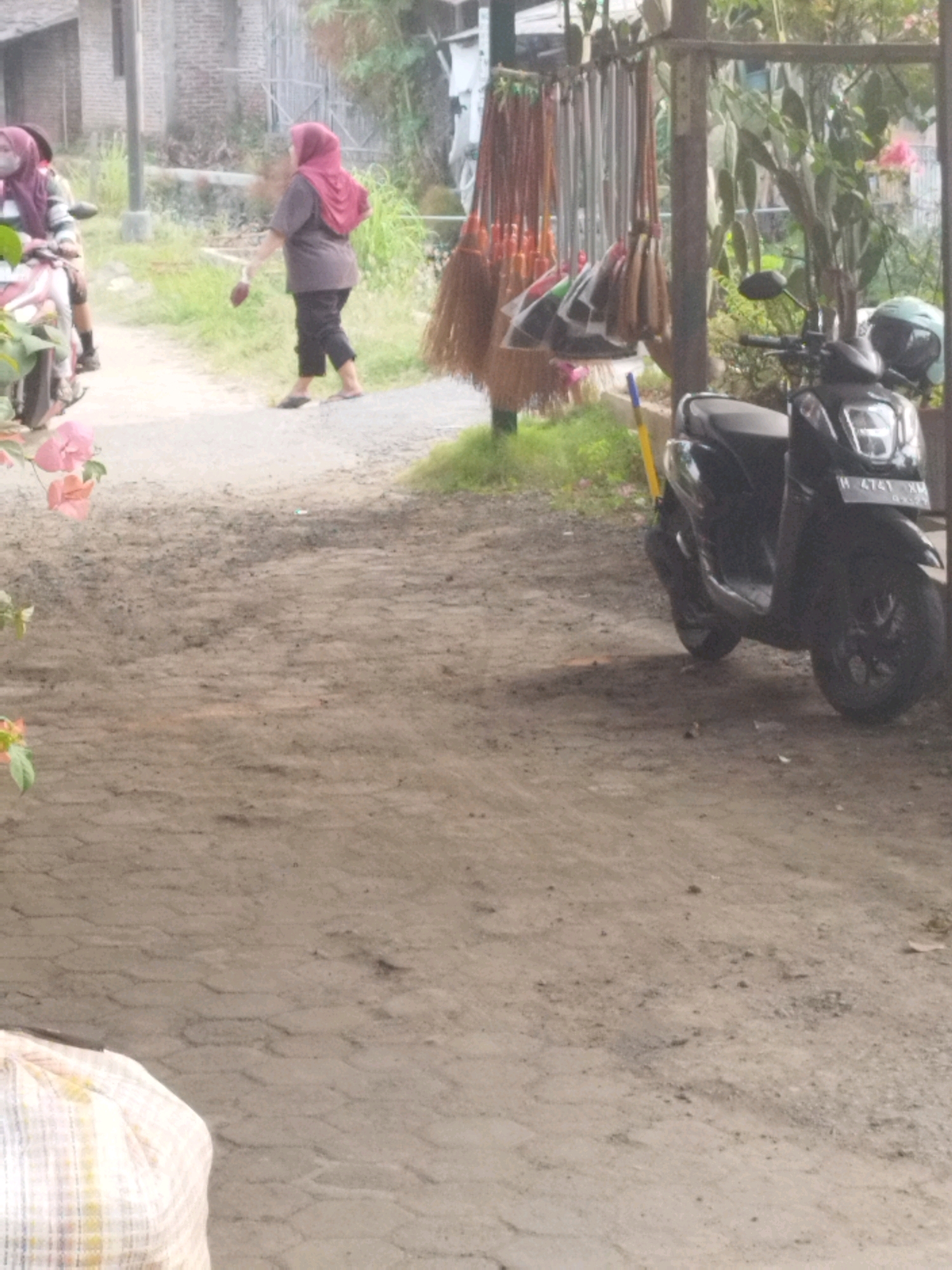 In Patebon, Indonesia, a woman wearing a maroon hijab and a dark shirt walks away from the viewer, holding a small, brown object in her right hand. She is dressed in dark pants and sandals. To her left, another woman on a motorcycle, also wearing a maroon hijab and a light-colored mask, is partially visible. The motorcycle is white with pink accents. In the background, a rack holds numerous brooms of varying colors. A black motorcycle is parked to the right, with a light blue helmet on its seat. The ground is covered in a mixture of dirt and gravel. The environment appears to be outdoors, with vegetation and buildings in the distance.