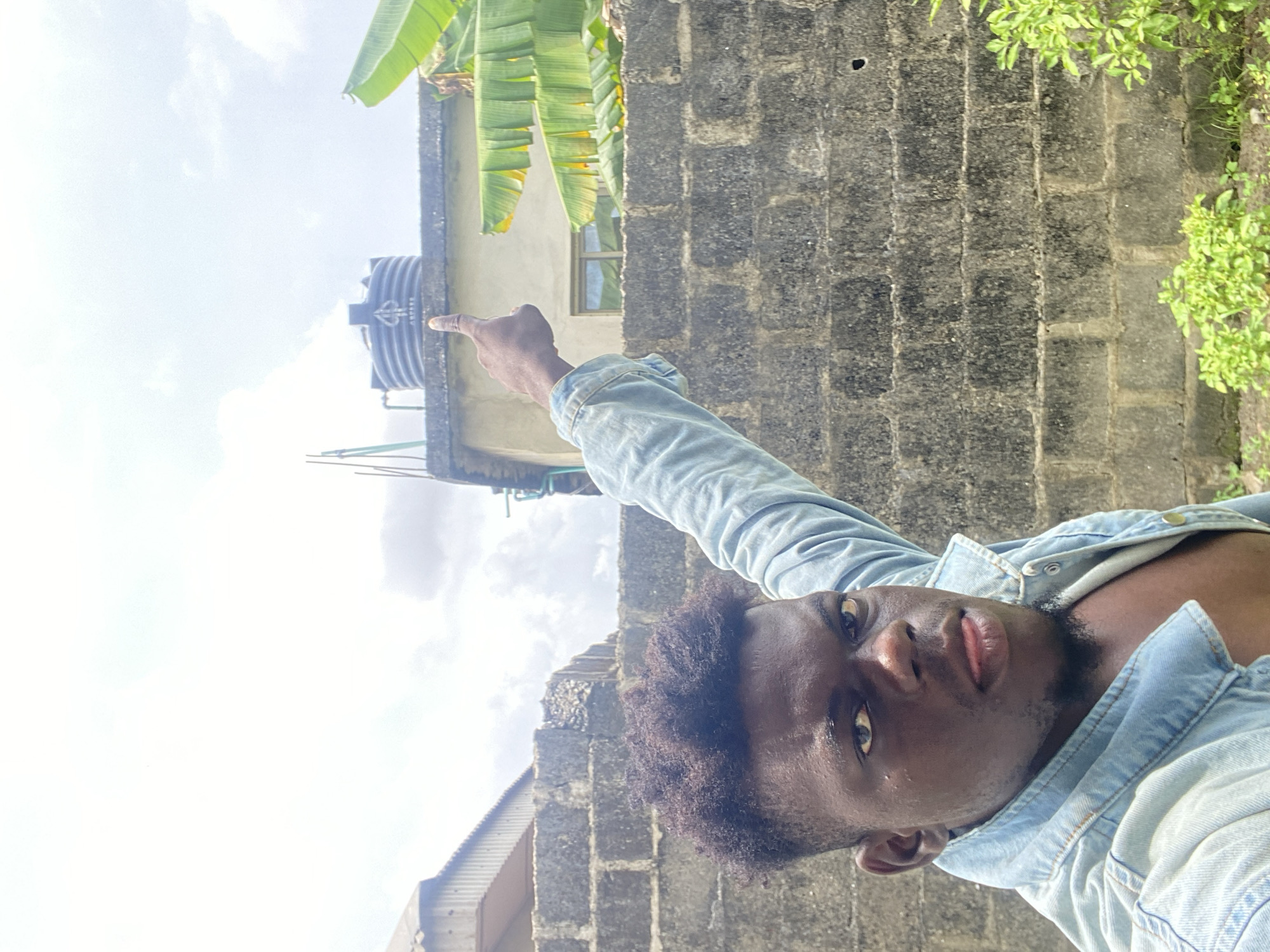 A waist-up shot shows a man in a denim jacket with his head tilted to the left, facing forward. He is pointing to a black water tank on the roof of a building, which is partially visible behind him. The background consists of a concrete block wall, foliage, banana leaves, and a cloudy sky. The location appears to be an urban or suburban area.