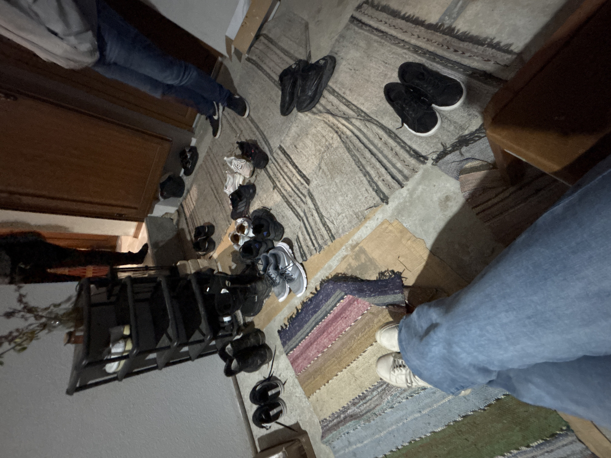 The image depicts an indoor scene with a variety of objects scattered on the floor, including numerous pairs of shoes and a shoe rack. The floor is covered with rugs of varying patterns. Two individuals are partially visible, with their legs and feet appearing in the frame. One person is wearing jeans and black shoes, while the other is also wearing jeans with white shoes. The room contains a cabinet and is situated in the city of Unknown, Unknown.