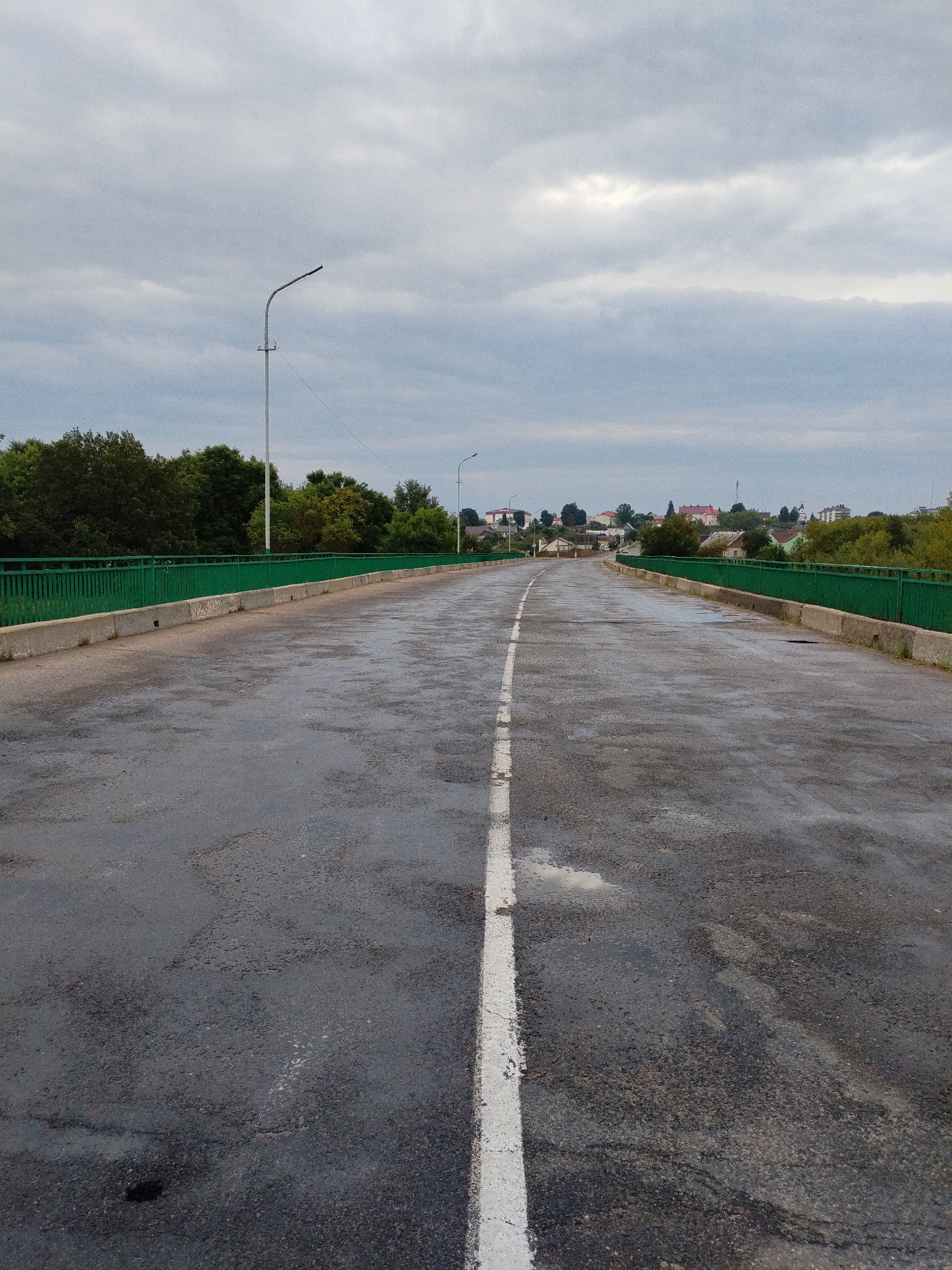 The image shows an empty asphalt road with a white line dividing the lanes, stretching into the distance. The road appears wet, with reflections of the cloudy sky visible on its surface. On either side of the road are green metal railings, behind which are trees and buildings that suggest a town or village. The sky is overcast with gray clouds. This appears to be a bridge, given the railings and the elevated perspective. The presence of streetlights along the road indicates it is a thoroughfare. The environment suggests a day with recent or ongoing precipitation. Based on its architecture and general appearance, this location is likely within the city of Bialynichy, Belarus.