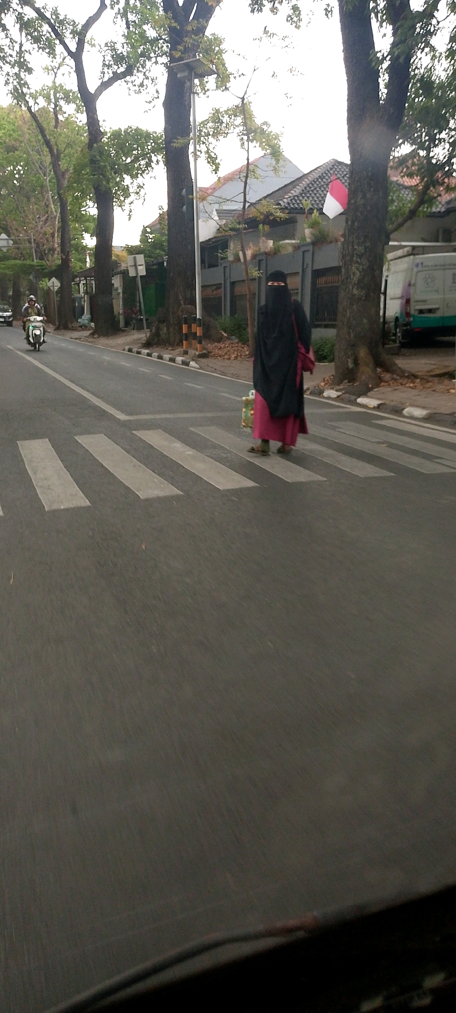 A woman wearing a black niqab and a pink dress is walking across a crosswalk on a paved street. She is carrying a bag over her shoulder. Behind her, a motorcycle is passing by. The street is lined with trees and buildings, and there is a white van parked on the right side of the image. The scene appears to be in an urban environment.