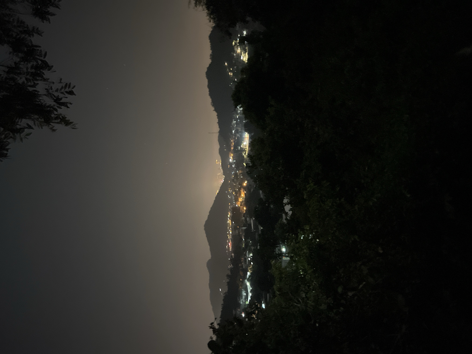 The photograph, taken at night, presents a cityscape with significant light pollution. The foreground consists of dark, silhouetted foliage on both the left and right sides, suggesting an elevated vantage point overlooking the city. In the middle ground, a chain of hills is visible, dotted with clusters of lights indicating urban development along the slopes. The sky is a gradient of gray, lighter near the horizon where the city lights contribute to the ambient glow, and darker towards the upper regions. The concentration of lights and buildings suggests an urban area, and the geographic location appears to be Nha Trang, Vietnam, based on the terrain and building styles. There are no people visible in the frame.