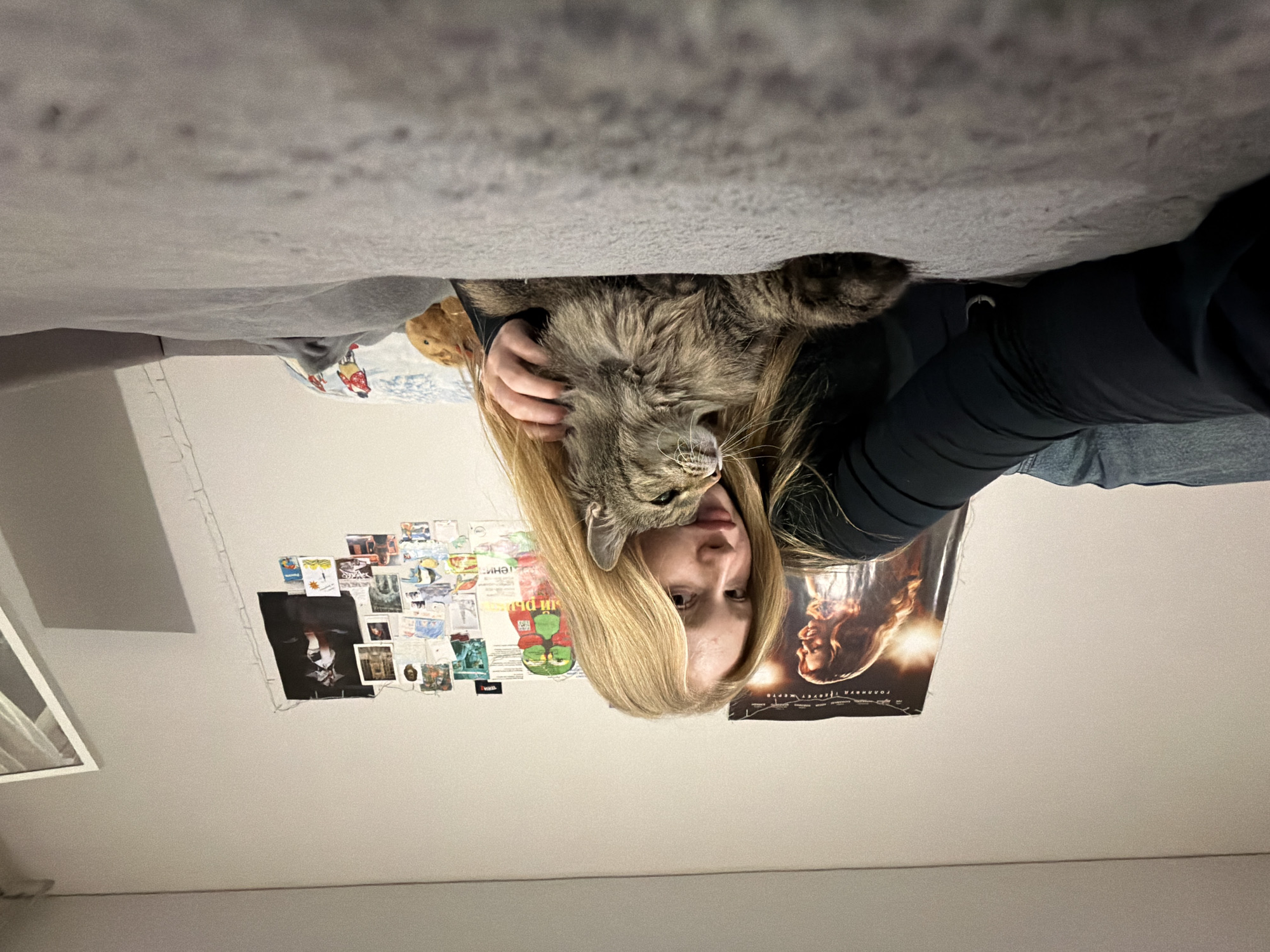 A woman with blonde hair is lying on her back on a bed with a gray comforter, holding a gray tabby cat in her arms. The cat is positioned near her face. Behind her head is a white wall adorned with posters and pictures. A poster with text in Russian is visible on the right side of the wall. The location is possibly in Засечное, Russia.