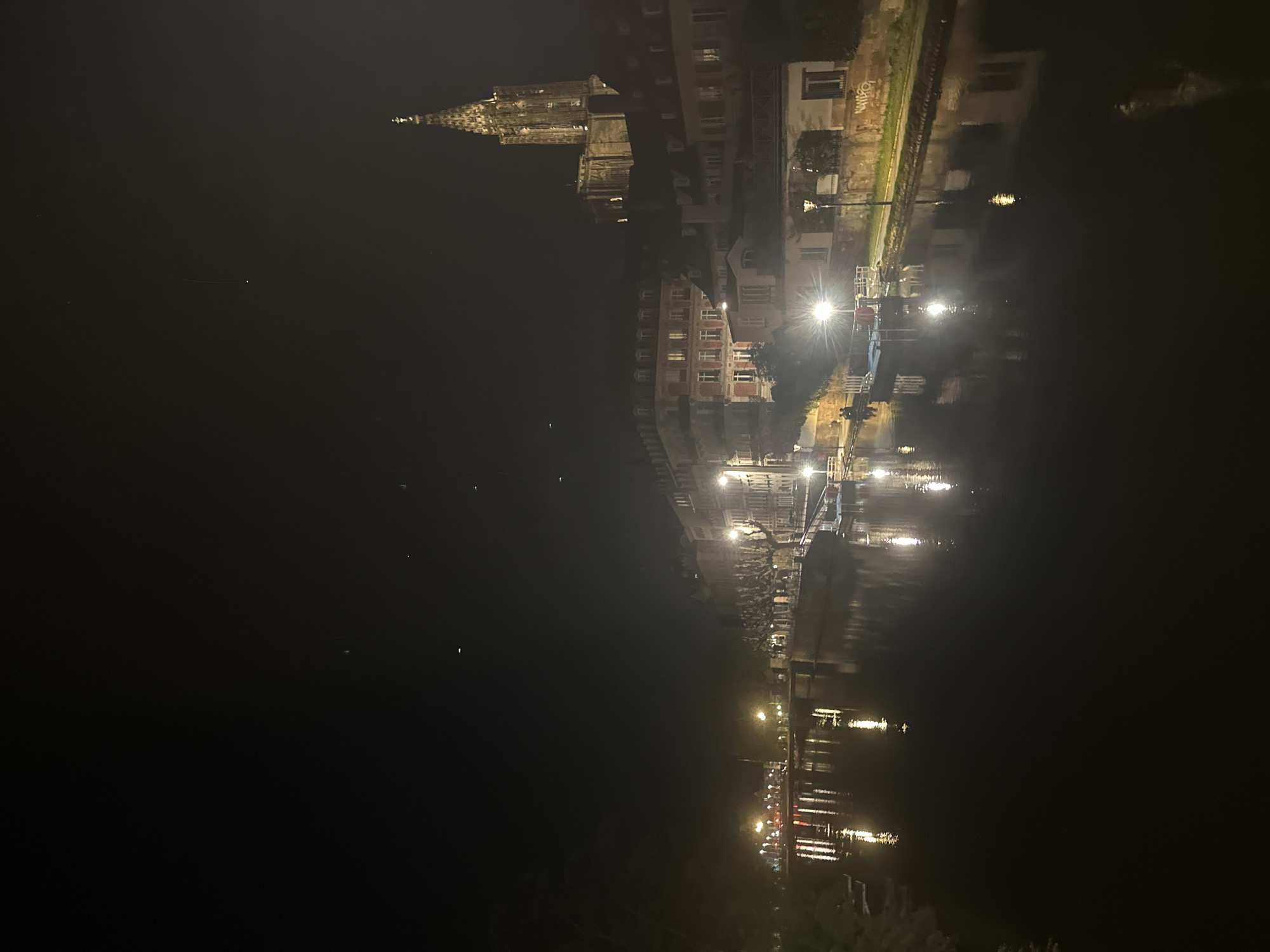 The image shows a nighttime view of Strasbourg, France, with buildings reflected in the water. The illuminated Strasbourg Cathedral is visible in the background along with other buildings along the riverbank. Streetlights cast reflections on the water's surface. The image appears to be a reflection in the Ill River.