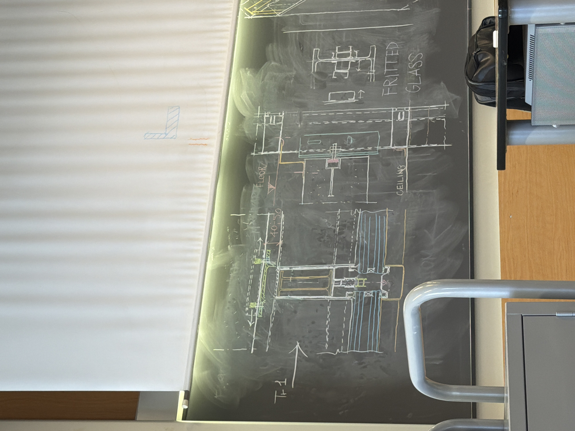 The image shows a classroom or office setting, with a whiteboard on the left and a chalkboard on the right. The chalkboard contains a technical drawing, possibly an architectural or engineering diagram, with annotations such as "FLOOR," "CEILING," and "FRITTED GLASS." A cabinet with a metal frame is visible on the right side of the image. A black bag sits atop the cabinet. The exact location and details to ascertain a specific location in Milan are unavailable from the image.