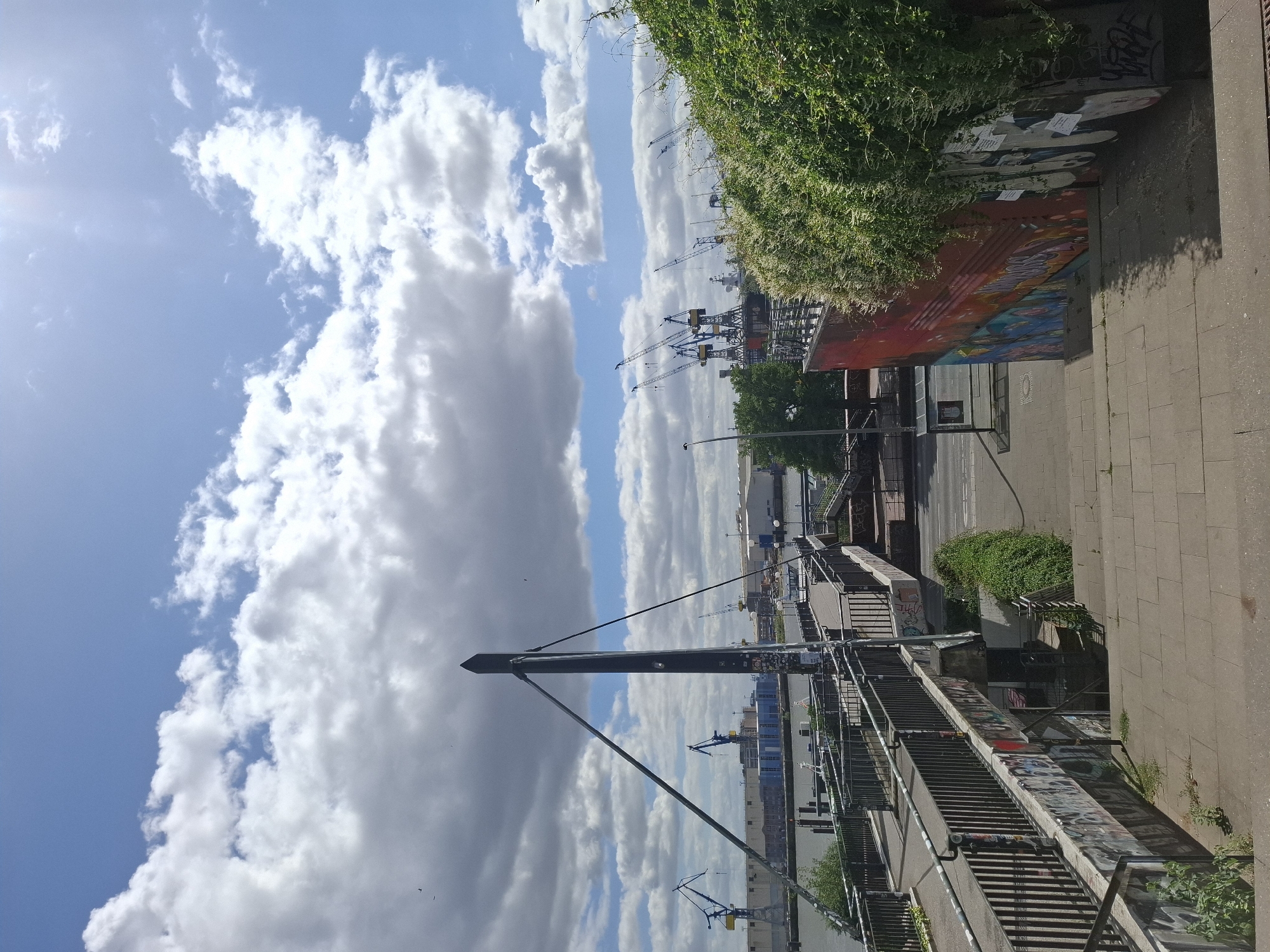 The image depicts a view of the Hamburg harbor, specifically the area around the Elbe River. In the foreground, a concrete stairway leads down towards a pedestrian bridge. The bridge itself is a pedestrian walkway with metal railings, some sections adorned with graffiti. Beyond the bridge, the harbor stretches out with various industrial structures, including numerous large cranes, characteristic of a port. The sky is a bright blue with scattered white clouds, suggesting a sunny day. Lush green vegetation is visible on the right side of the image, partially obscuring a graffiti-covered wall. The scene conveys an urban industrial waterfront environment.