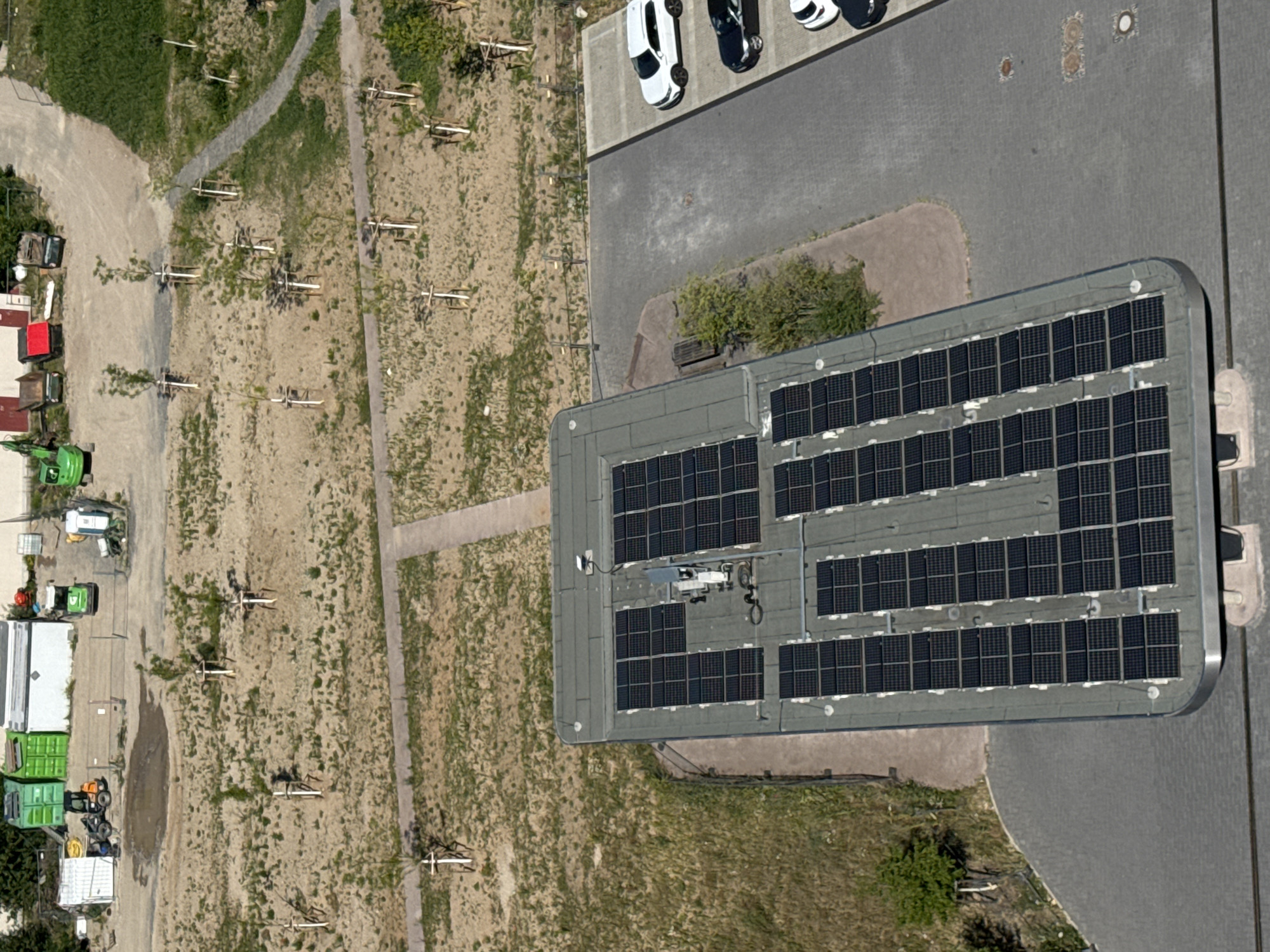 This is an aerial, full shot of a construction site with a building featuring a solar panel array on its roof, located in Mannheim, Germany. The foreground shows the top of a flat-roofed building with numerous dark solar panels neatly arranged in rows. A small vent or piece of equipment is visible on the roof near the center. To the right of the building, a paved parking area is visible with three cars parked: a white SUV, a dark sedan, and a white compact car. A portion of the roof of another, lower building is visible at the bottom of the frame.
The background of the image depicts a large, undeveloped area of dry, sandy soil interspersed with sparse, short green vegetation and several young trees, each supported by white stakes and possibly guy wires. A few pathways, possibly for pedestrian use, are visible crossing this open area. In the upper portion of the image, the construction site is more apparent. Several pieces of construction equipment are present, including a green excavator, a green mini-loader or similar vehicle, and a white portable toilet. Other construction-related items, such as storage containers (one appears to be green, another white) and possibly dumpsters, are also visible. The overall impression is of an active or recently active construction zone transitioning into an area with landscaping.