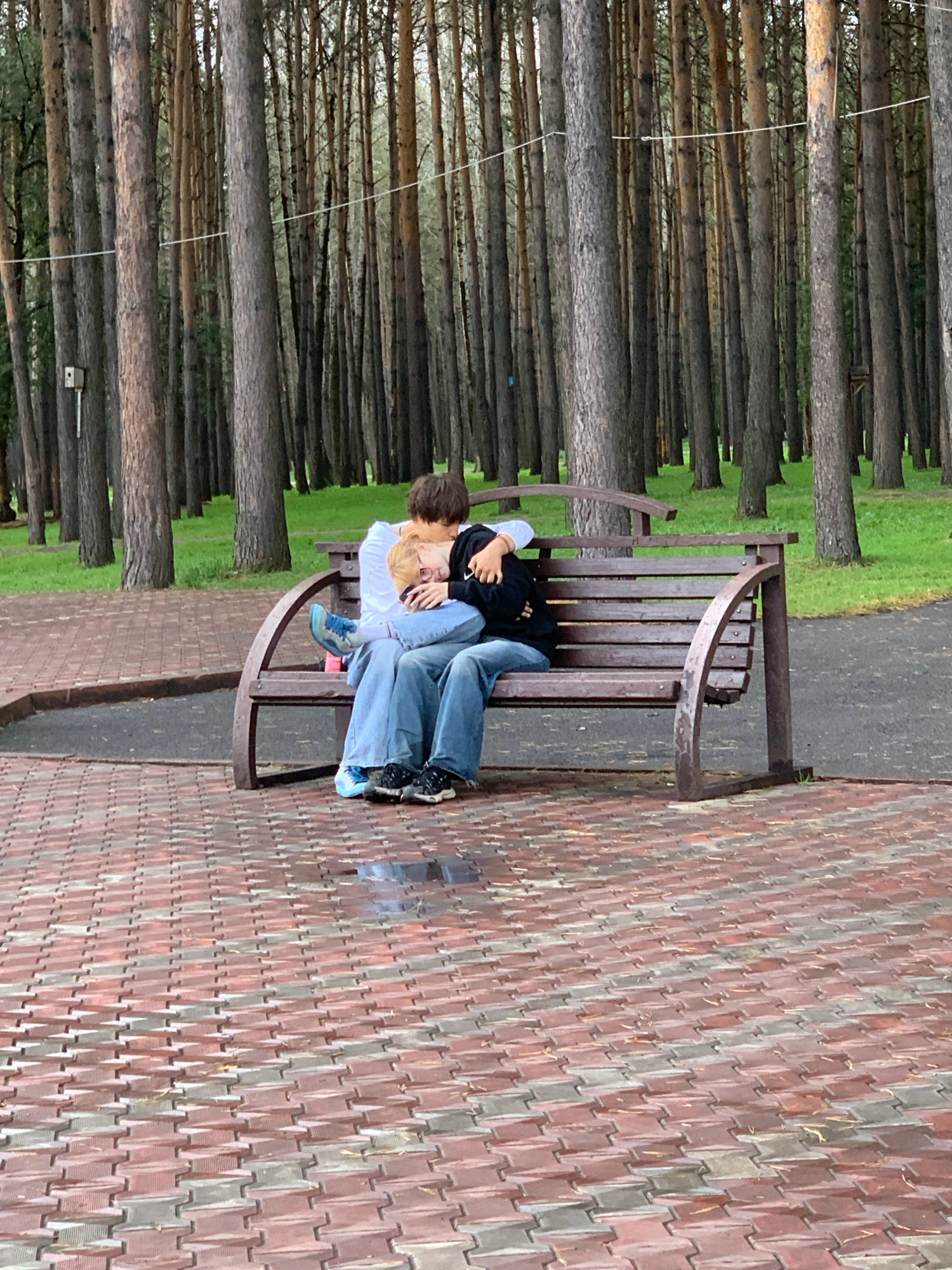 The image shows two individuals sitting on a wooden park bench in a forest setting. One person is wearing a white top and blue jeans, and is leaning into the other person who is wearing a black hoodie and blue jeans. They are embracing each other. The bench is situated on a paved area made of red and gray interlocking bricks, which appear wet, suggesting recent rain. Behind the bench, a dense forest of tall, slender trees is visible, with a green grassy area between the trees and the paved path. The overall environment appears to be a park or recreational area. The specific location in Prokopyevsk, Russia cannot be determined from the image alone.