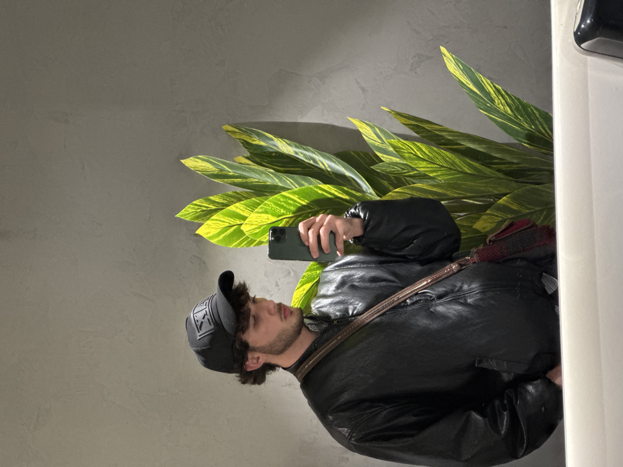 A person wearing a black leather jacket and a black cap is holding a green phone in their right hand, appearing to take a photo or video in front of a mirror. Green and yellow striped plant leaves are visible behind them. The background is a plain grey wall. It is not possible to determine from the image alone if this scene is located in Yerevan, Armenia.