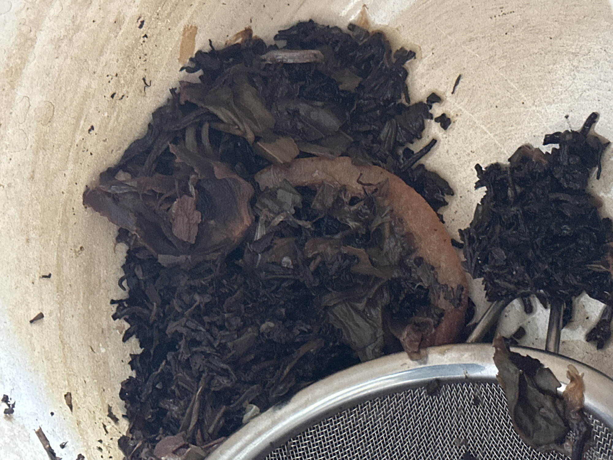 The image shows a close-up, overhead view of used tea leaves and two pieces of dried orange peel in a light-colored, possibly ceramic, container. A silver metal tea strainer is visible on the left side of the image, partially obscuring the tea leaves. The tea leaves are dark brown and black, with some appearing lighter green. The orange peel pieces are reddish-brown and appear dried and wrinkled. The container's interior has a slightly textured surface and appears to be somewhat soiled with dark specks. The background is out of focus. There are no people or animals visible in the image. The scene is indoors, in a domestic setting, possibly a kitchen. The location in Nevinnomyssk, Russia is not discernible from the image content.