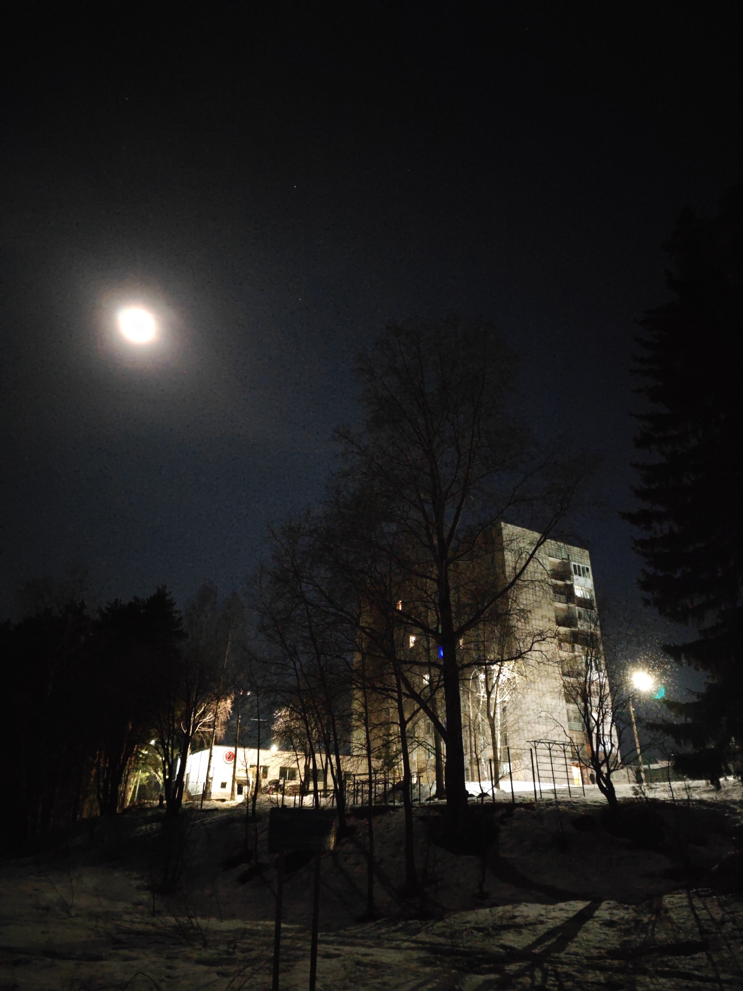 The image shows a nighttime scene in the city of Chaikovsky, Russia, with a bright full moon in the upper left corner. A multi-story building stands illuminated in the center, with bare trees silhouetted in front of it. To the left of the building, further in the background, is a smaller, brightly lit building with a sign on the roof with "2" on it, likely a commercial establishment. Dark coniferous trees are visible on the right edge of the image. The foreground is covered in snow, with visible shadows suggesting uneven terrain. A metal fence or railing is present on a slight hill in front of the building. The sky is dark. The overall atmosphere is cold and still.
