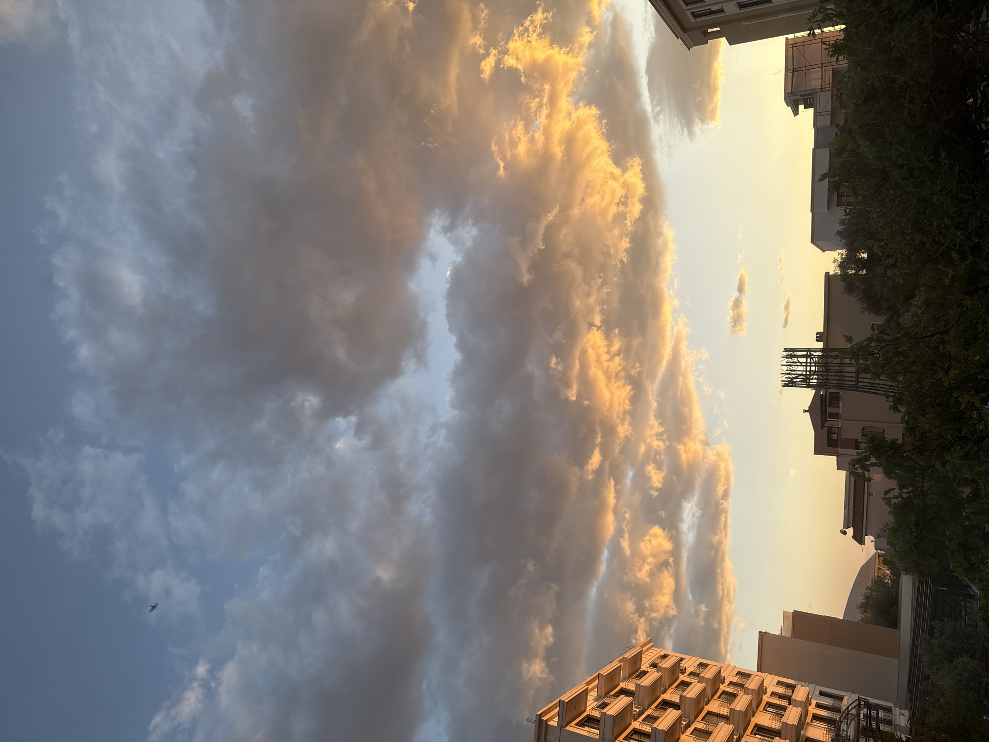 The image displays a dramatic sky scene at either sunrise or sunset over an urban landscape in Bar, Montenegro. The sky is divided by large, voluminous clouds, transitioning from soft blue and grey tones on the left to vibrant golden and orange hues on the right, where the sun's low angle brightly illuminates the cloud edges.
In the upper-middle section of the sky, a slender crescent moon is faintly visible peeking through a gap in the clouds. A small, dark bird is captured in flight against the lighter blue sky in the upper-left portion of the frame.
Along the bottom and right edges of the image, parts of multi-story buildings are visible, characterized by numerous windows and balconies. Some structures feature scaffolding, suggesting construction or maintenance work. Green foliage from trees and bushes partially frames the scene on the right side. No visible text is present in the image. The overall impression is one of a dynamic and colorful sky over a developed area during twilight hours.