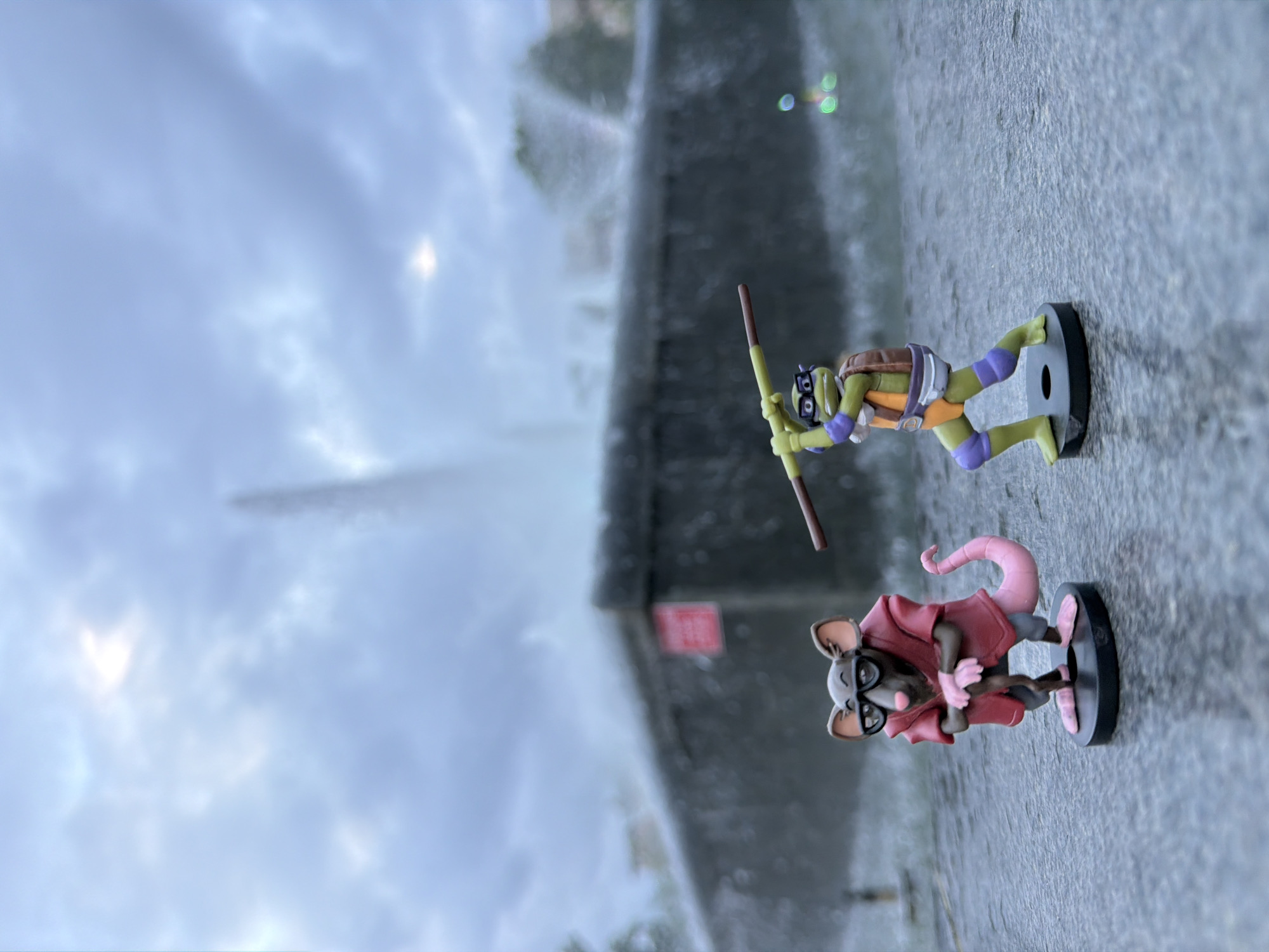 Two miniature figurines are positioned on a wet, dark grey, textured ground surface. The figure on the left is a brown rat character with a pink tail and inner ears, wearing black glasses, a red hooded robe, and grey pants. Its hands are clasped in front of its chest, resting on an indistinct object. The figure on the right is a green turtle character, clad in a purple mask, purple knee and elbow pads, an orange chest plate, and a white belt. It holds a yellow bo staff horizontally across its body in an alert, active stance. Both figures stand on black circular bases.
Behind the figurines, a substantial dark grey concrete structure, approximately waist-height relative to the figurines, spans the midground. This structure forms part of a large water fountain system, from which multiple jets of water spray upwards and outwards, creating a visible mist. A rectangular red sign, featuring unreadable white text, is affixed to the right side of the concrete structure.
The background features an overcast sky, presenting a gradient of light blue-grey tones with brighter, diffused white patches. A distinct, tall, narrow column of water from a distant fountain element is visible against the sky, slightly right of center. Out-of-focus colorful light reflections (bokeh), primarily green and blue, are present in the upper right quadrant of the background. The scene is illuminated by soft, diffused natural light, consistent with an overcast sky. The wet ground and active fountain indicate a water-present environment.
The location in the city of Chaikovsky, Russia, cannot be visually confirmed by any specific landmarks or identifying features within the image.