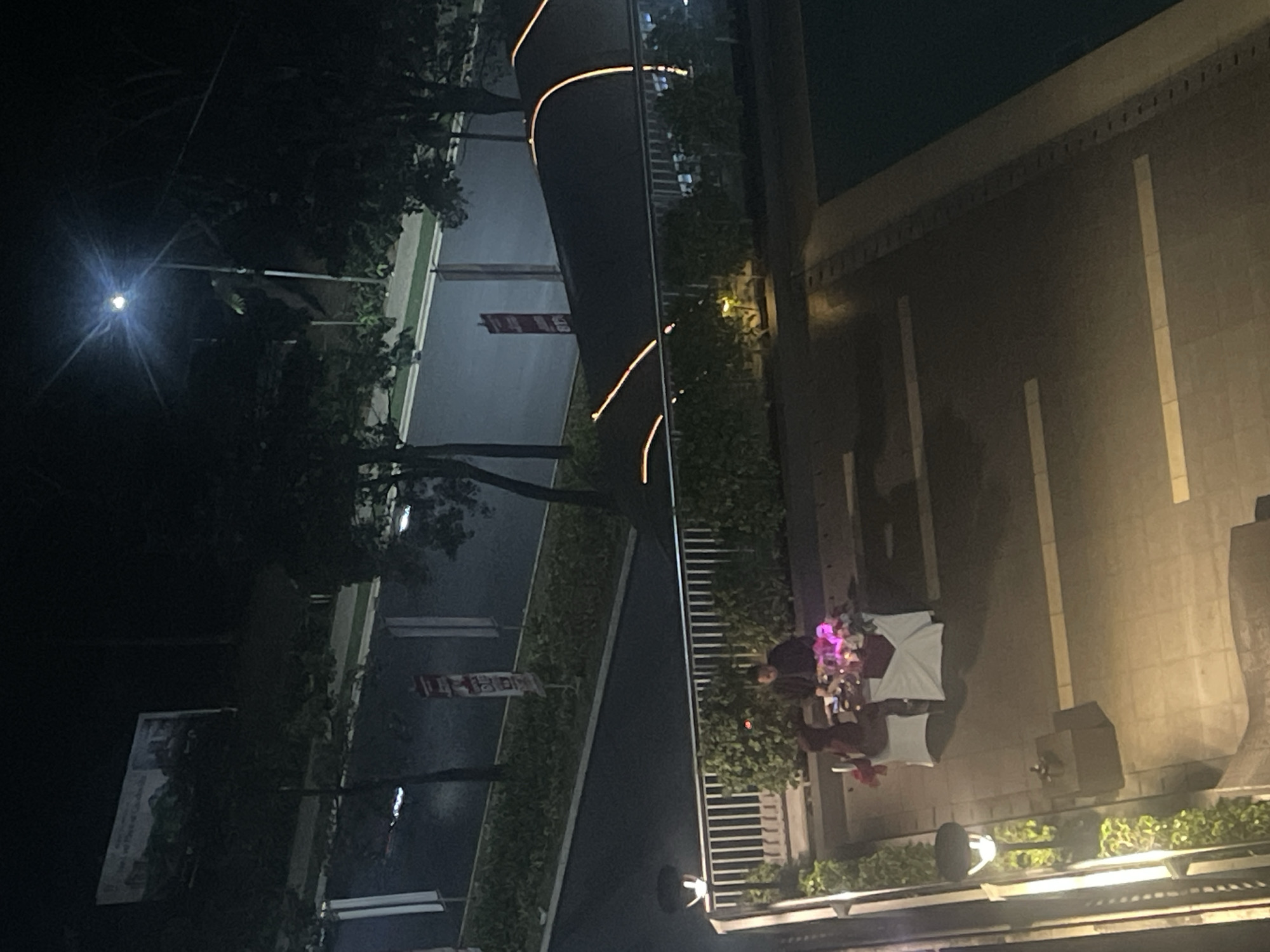 The image depicts an outdoor dining setting at night, likely in a public area of Bekasi, Indonesia. Two individuals are seated at a table adorned with a white tablecloth and a bouquet of colorful flowers. The table appears to be set for a meal, with plates and possibly drinks. The surroundings include a paved area, a metal railing, and dense green foliage. In the background, a street with passing vehicles and a lamppost with a bright light can be observed, suggesting the setting is adjacent to a road. Further in the distance, a large billboard with text and an image is visible, along with trees and structures consistent with an urban environment. The overall atmosphere is subdued, illuminated by artificial lighting.