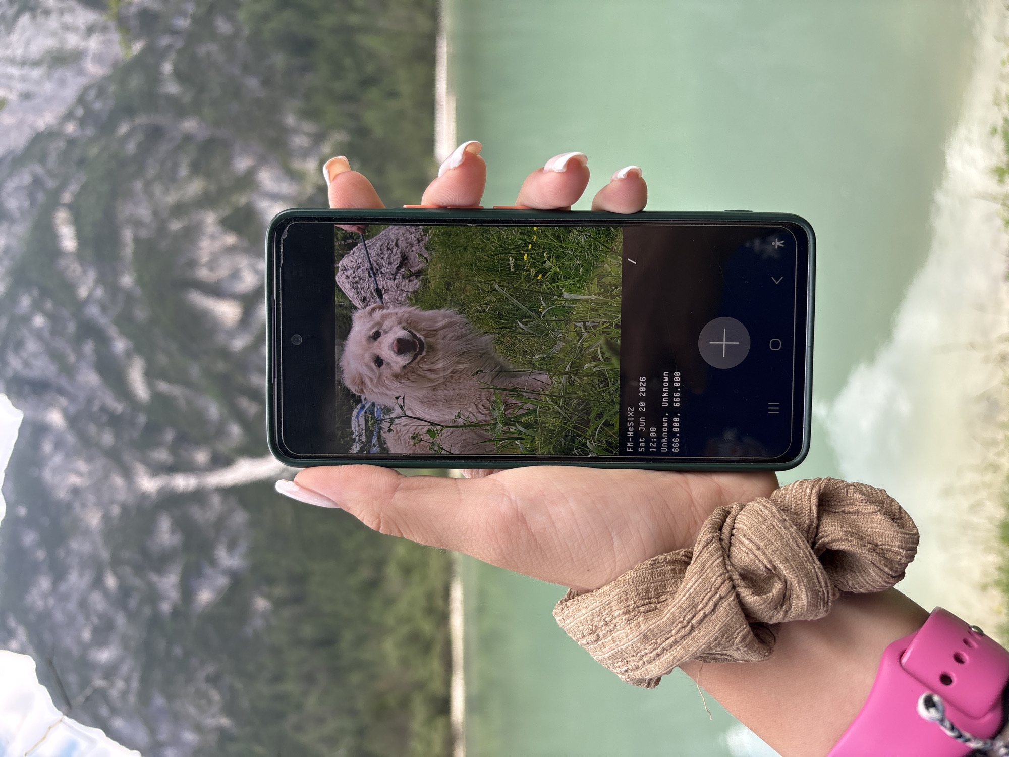 A woman's hand, adorned with a scrunchie and a pink smartwatch strap, holds a smartphone. The phone displays a photo of a light-colored dog with a happy expression, sitting in tall green grass. Text overlaid on the image indicates "FM-HeSIXZ", "Sat Jun 20 2026", "12:08", "Unknown, Unknown", and "666.000, 666.000". The phone is positioned in front of a body of water and a blurred mountainous landscape.