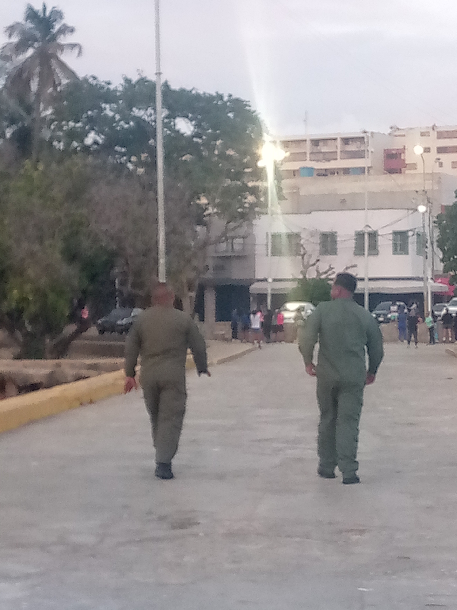 Two individuals dressed in olive green attire are walking away from the viewer on a paved surface. In the background, there are buildings and other people. A palm tree is visible in the upper left. The location is possibly a city, but it is not identifiable.