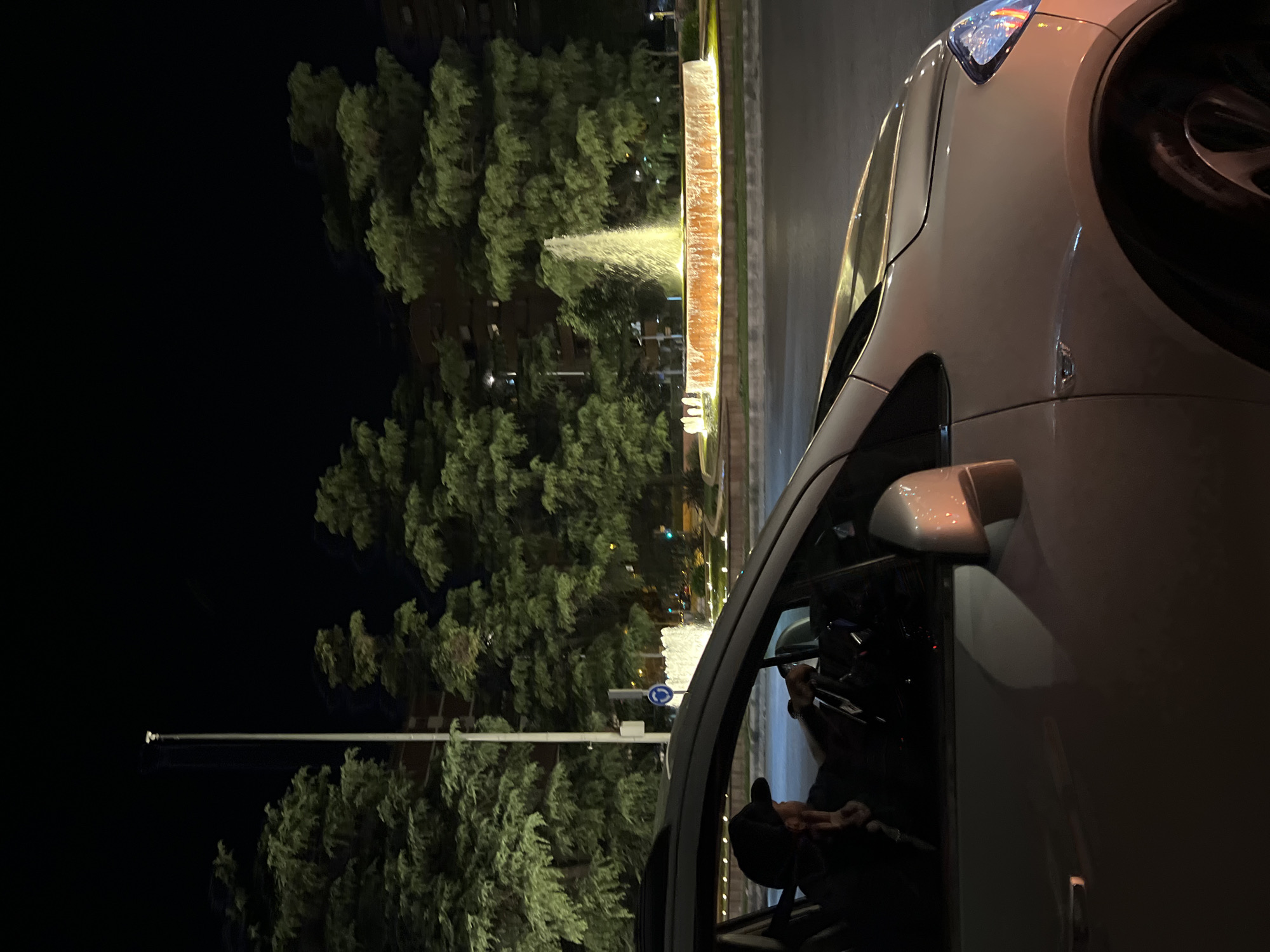 The image shows a person driving a white car at night in Madrid, Spain. The driver, wearing a dark baseball cap and dark clothing, is visible from the side, looking ahead and holding the steering wheel. The car's interior is dimly lit, with some reflections on the interior surfaces. Outside the car, a water fountain is illuminated with yellow and orange lights, with water spraying upwards. This fountain is situated in a circular roundabout surrounded by trees that are lit by streetlights, casting a green glow on their foliage. In the background, buildings are visible, and a tall lamppost stands to the left of the frame. The scene suggests a drive through a well-lit urban area at night.