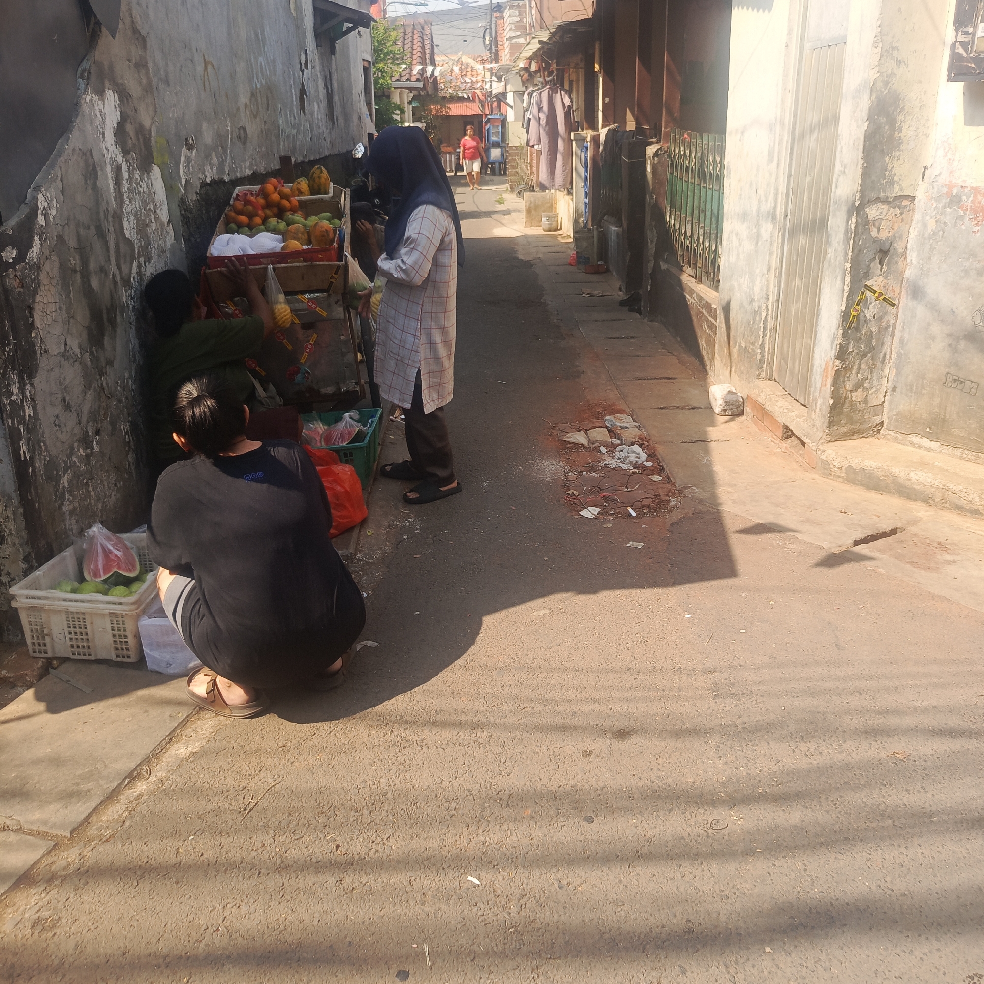 In a narrow alleyway in South Jakarta, Indonesia, two individuals are engaged in commerce. A woman, wearing a headscarf and a patterned tunic, stands behind a wooden cart filled with a variety of fruits, including oranges, mangoes, and papayas. She appears to be interacting with a person on the other side of the cart, out of frame. To the left, another individual, wearing a dark t-shirt and shorts, is crouched down, looking into a white plastic crate filled with green fruits, possibly guavas, and bags of red produce. Red and green plastic bags are also visible near the fruits, as well as on the ground. The alley walls are constructed of concrete, with some showing signs of wear and tear. The ground is paved with asphalt, and debris is scattered in places, suggesting a bustling, lived-in environment. Sunlight casts long shadows across the alley, indicating it is likely mid-morning or late afternoon. The buildings lining the alley suggest a dense urban setting, typical of residential areas in South Jakarta.