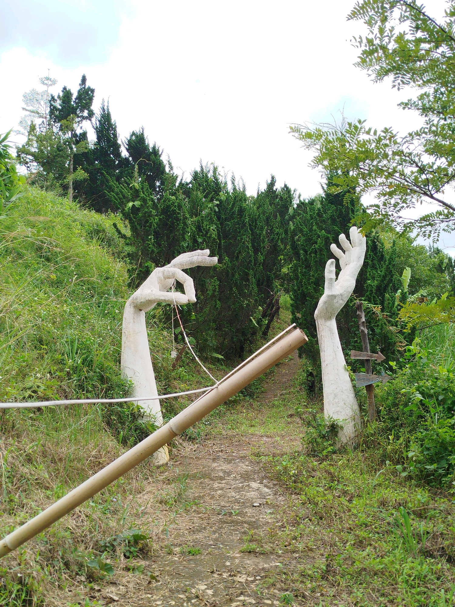 This is a full-shot, eye-level, outdoor photograph of a pathway in Da Lat, Vietnam. The pathway, made of dirt and gravel, is lined with dense, green vegetation and trees, primarily cypress trees. In the foreground, a bamboo pole is placed diagonally across the pathway. On either side of the pathway, two large, white, sculpted hands are positioned. The left hand, closer to the viewer, is open with fingers bent in a gesture. The right hand is reaching upwards. A white rope is strung between the two hands, creating a barrier across the path. In the background, more cypress trees and lush greenery are visible, with a cloudy sky above. A wooden signpost with two directional arrows is visible to the right of the right hand sculpture. The overall scene suggests a creative or artistic installation in a natural setting.