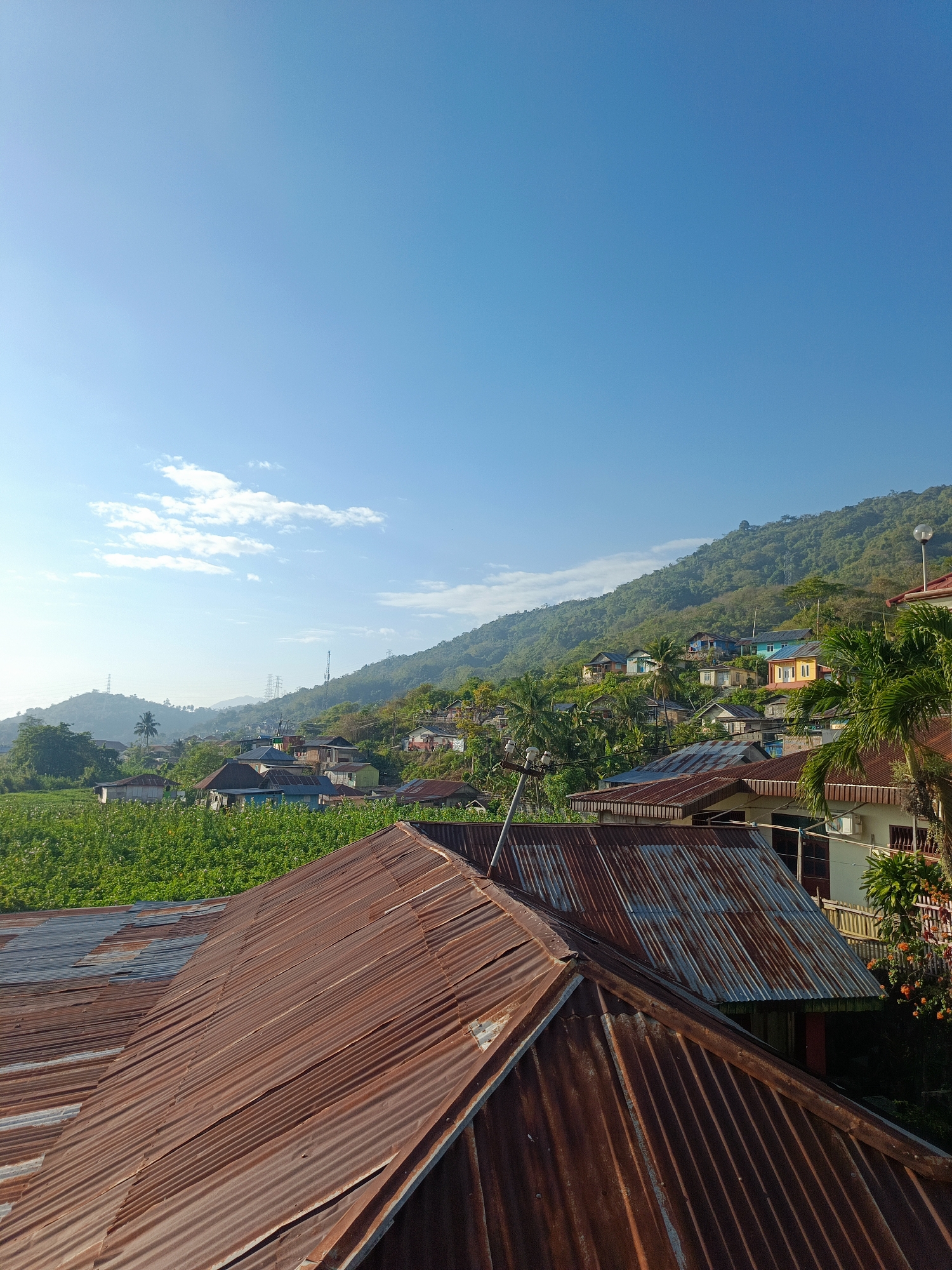 The image depicts a rural hillside village in Gorontalo, Indonesia, under a clear blue sky with scattered white clouds. The foreground is dominated by the corrugated metal roofs of several houses, showing signs of age and rust. Beyond the immediate rooftops, a vibrant green field of crops stretches towards the base of a densely forested hill. The hillside is dotted with colorful houses, many with brightly painted walls in shades of yellow, blue, and orange, nestled amongst lush vegetation and palm trees. Electrical pylons are visible in the distance, hinting at the presence of infrastructure. The scene is illuminated by natural sunlight, suggesting it was taken during the daytime, likely in the morning or late afternoon given the angle of the light and the clarity of the sky.