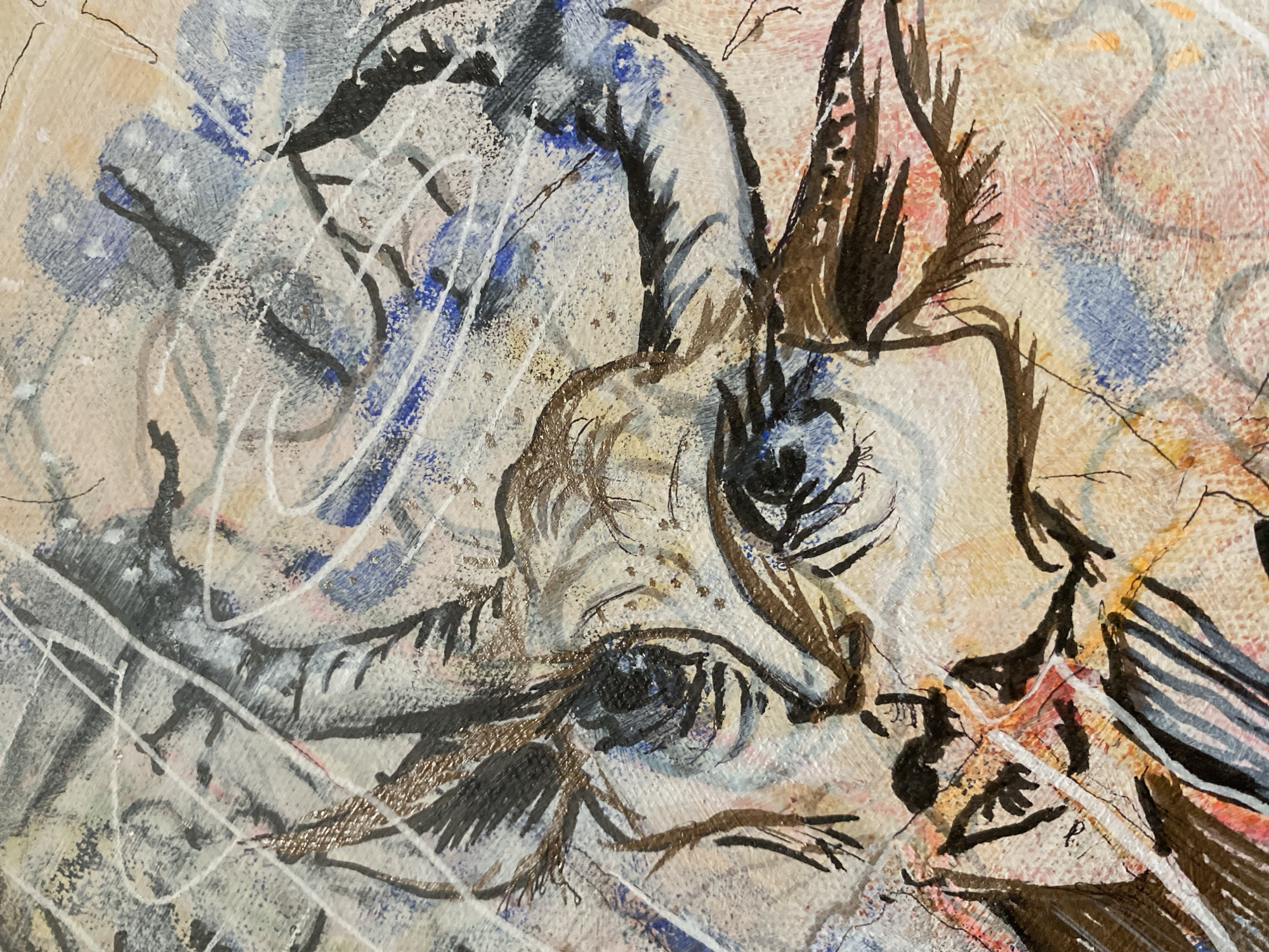 This is a close-up, abstract painting featuring a stylized depiction of an animal's face, possibly a goat or a bull, due to the prominent horns and ear shapes. The artwork utilizes a mixed media approach with visible brushstrokes, ink lines, and textured paint. The color palette is dominated by earthy tones of brown, beige, and tan, accented with strokes of blue, white, and pink. The lines are expressive and gestural, creating a sense of movement and energy within the composition. The image is a detail from a larger artwork and does not provide any information about its location in the city of Thira Municipal Unit, Greece.
