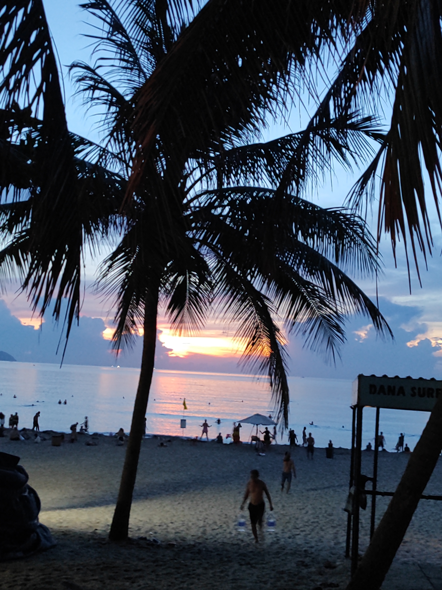 This is a medium shot photograph of a beach scene at dusk, likely in Da Nang, Vietnam, given the "DANA SURF" sign. The foreground is dominated by the silhouette of palm trees, their fronds obscuring portions of the sky and framing the view. The beach is sandy, with several people visible scattered across it. Some are standing, some are sitting, and a few appear to be walking. In the distance, the ocean is calm, reflecting the soft hues of the sunset. The sky displays a gradient of blues and purples, with hints of orange and pink from the setting sun peeking through the clouds. There is a small structure with the "DANA SURF" sign, suggesting a surf school or rental shop. The overall atmosphere is one of relaxation and the end of a day at the beach.