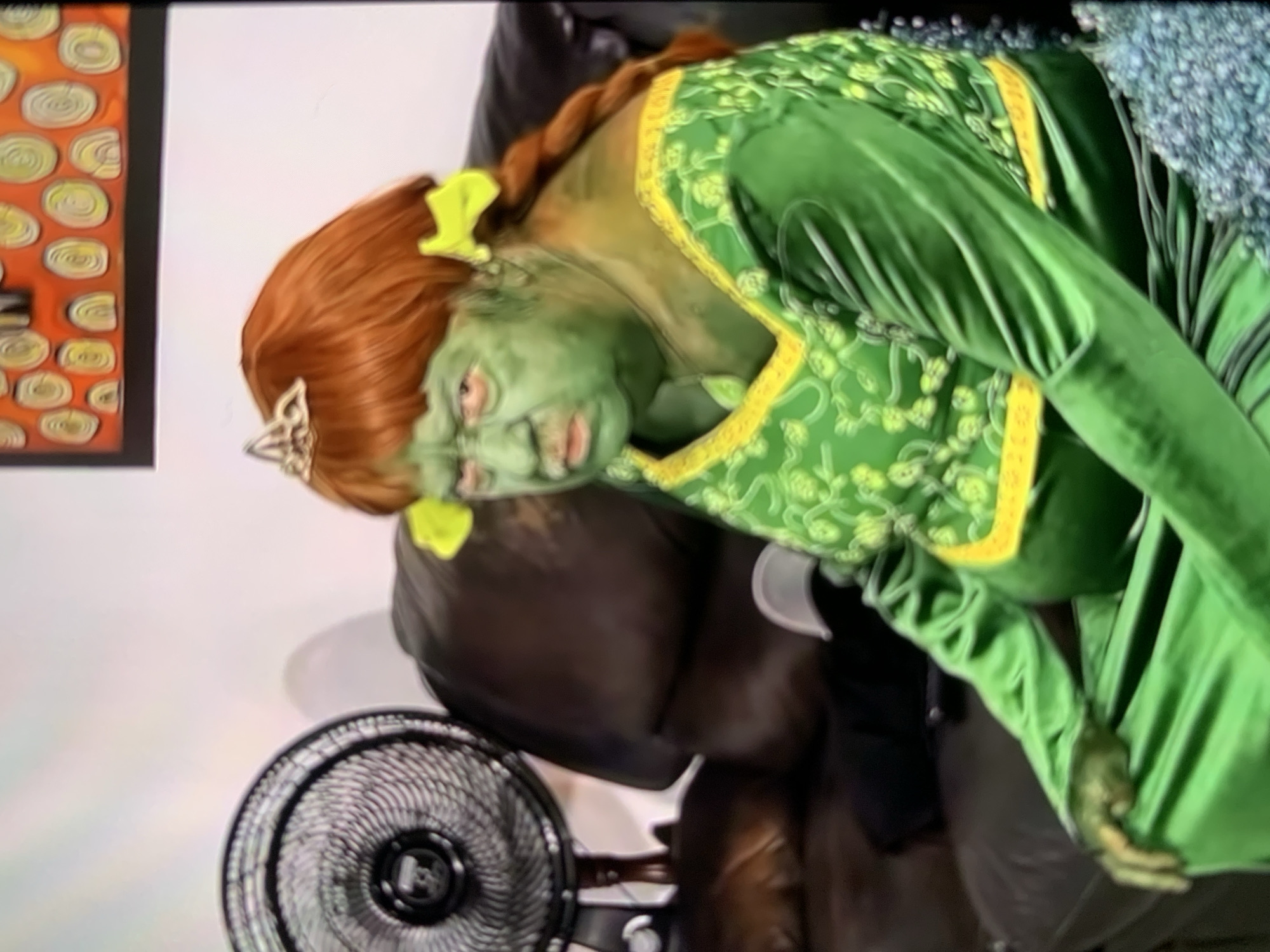 The image shows a person dressed as Fiona from Shrek. The person has green face paint, a red wig with pigtails, and is wearing a green dress with yellow trim. They are sitting on a brown leather couch. To the left of the couch, a black oscillating fan is visible. In the background, a piece of art with circular patterns is hanging on the wall. The overall scene appears to be indoors, possibly in a living room. There is no discernible information in the image to place the location in Stavropol, Russia.