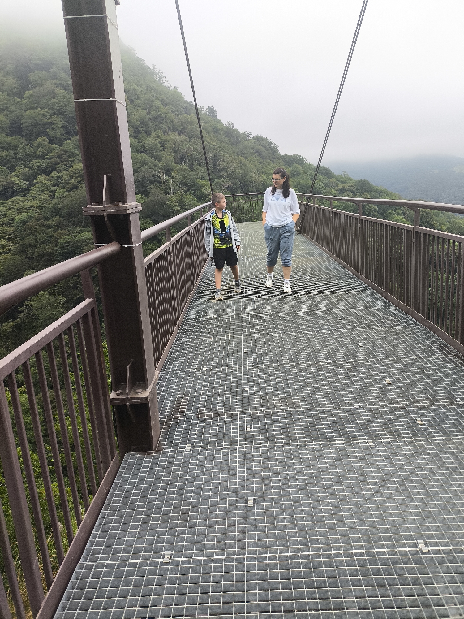 Two people, a young boy and an adult woman, are walking on a metal grate walkway of a suspension bridge. The boy is on the left, wearing a yellow and blue jacket over a black shirt and black shorts. He is looking to his right. The woman is on the right, wearing a white t-shirt and light blue pants. She is looking down and to her left, with her hands in her pockets. The bridge is suspended over a lush, tree-covered valley. The sky is overcast and hazy, with fog obscuring the distant mountains. The bridge has dark brown metal railings and support structures. The walkway is made of interconnected metal grids. The location is in the city of Gaghma Nogha, Georgia.