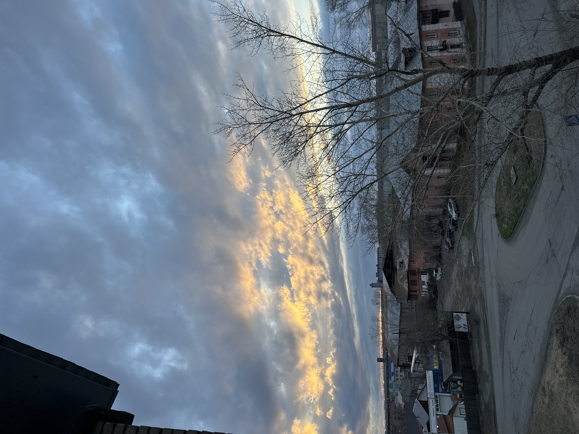 The image depicts an urban scene at dusk, possibly in Unknown, Unknown. The sky is filled with layered clouds, illuminated with orange and yellow hues near the horizon. Silhouetted bare tree branches frame the right side of the image, obscuring a view of older, brick buildings with visible air conditioning units. A paved road with cracked asphalt curves away from the viewer. Visible signage and parked cars indicate a commercial or residential area. The foreground reveals a partial view of a rooftop or wall, further suggesting the vantage point is from a higher elevation.