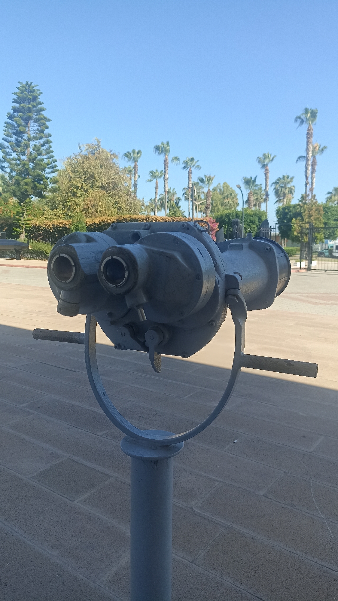The image shows a large, grey, vintage-looking binocular viewer mounted on a pedestal. The viewer has two large lenses at the front and appears to be made of metal, with some visible mechanical components and levers. It is positioned outdoors, on a paved walkway made of light-colored rectangular stones.
In the background, there are various trees, including tall palm trees with their distinctive fronds. There are also some bushes and a larger, leafy tree with autumnal foliage. Beyond the greenery, a clear blue sky is visible, suggesting a sunny day. The lighting indicates that it is daytime, possibly late morning or afternoon.
The scene appears to be in a public space, perhaps a park, a promenade, or an observation point. The binocular viewer suggests the possibility of a scenic view or a place of interest for tourists. There are no people visible in the frame, and the overall mood is still and calm. The binocular viewer itself is the primary subject, and its weathered appearance hints at its age and possibly its historical significance. The location is outdoors, with a clear sky and pleasant weather.