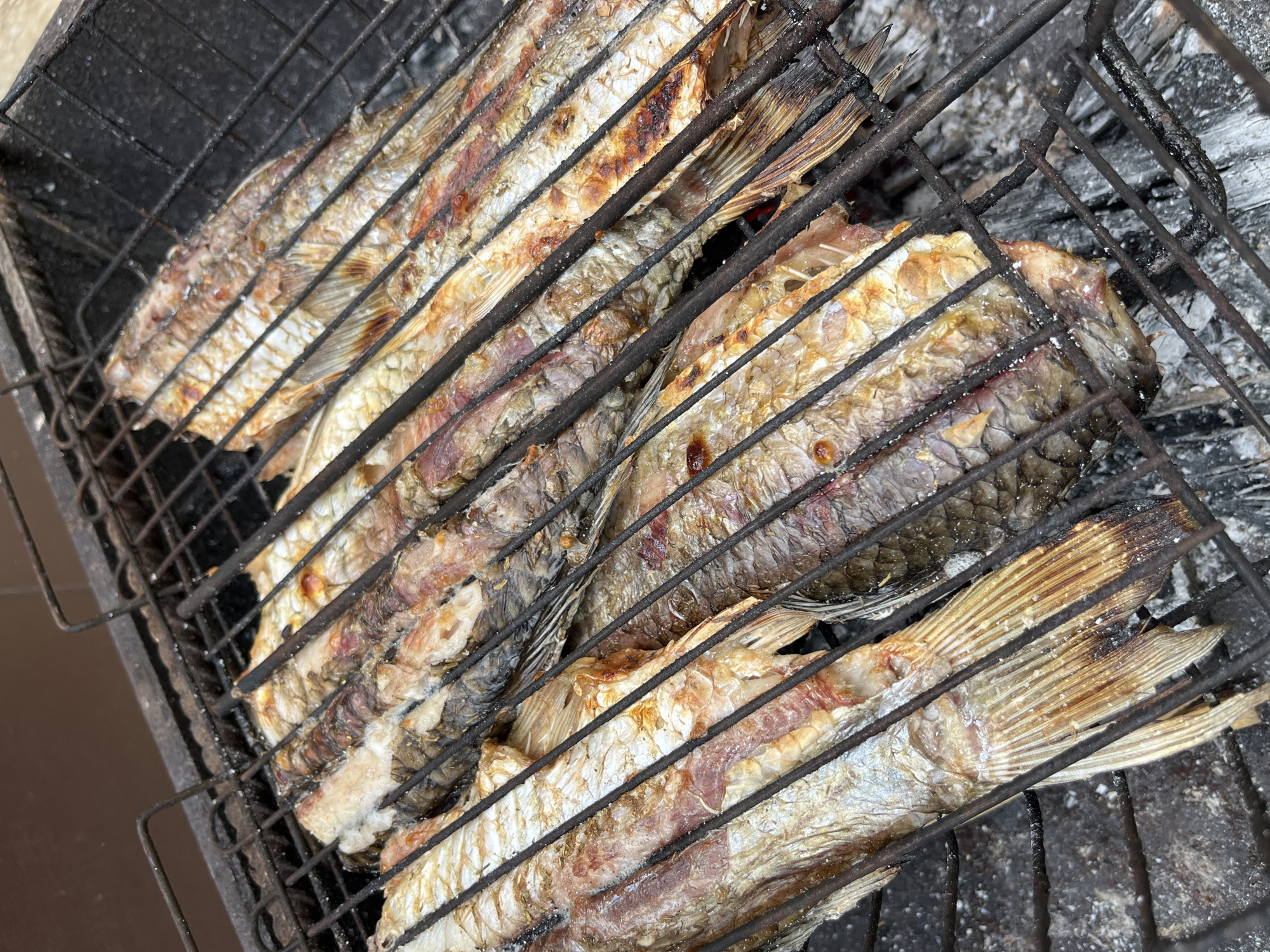 The image shows several fish being grilled on a metal grate. The fish appear to be whole, with their scales still intact. They are arranged closely together on the grate, which sits over a bed of charcoal embers. The fish are browned and slightly charred, suggesting they are cooked or in the process of being cooked. The background is filled with the charcoal and the surrounding area, which is not clearly identifiable, but the photograph was taken in Kaspiysk, Russia.