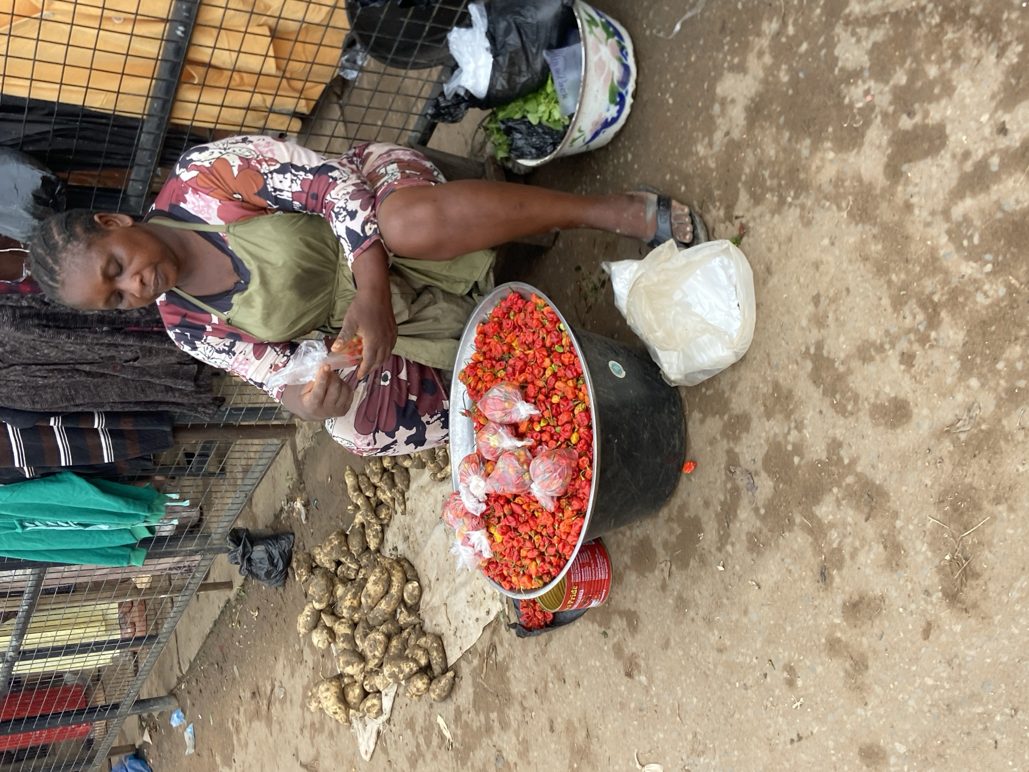 A Black woman, wearing a floral-patterned dress and a green apron, sits on the ground in Nkpor, Nigeria, surrounded by produce. She is holding a small plastic bag containing red peppers. In front of her is a large black tub filled with red peppers, some of which are also bagged in plastic. To her left, a red can with the "Pride" logo is visible. Further left, a pile of yams rests on a tan tarp. To her right, a bowl contains leafy green vegetables and a black plastic bag. Behind her, a metal fence displays various articles of clothing, including green and striped garments. The ground is a dirt and concrete mix, appearing wet in places.