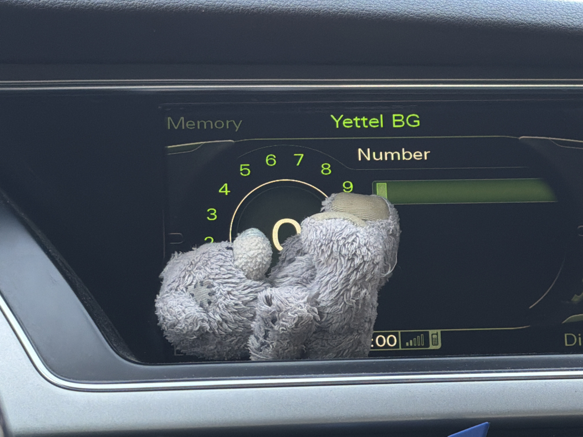 The image displays the interior of a vehicle, specifically focusing on the center console and infotainment screen. The screen, dark with illuminated green text and graphics, shows "Memory" on the top left, and "Yettel BG" on the top right, indicating a mobile network operator in Bulgaria. Below this, "Number" is displayed with an associated green input field. A circular graphic with numbers 3 through 9 visible is partially obscured. Towards the bottom right of the screen, a digital time display showing ":00" is visible, along with a four-bar signal strength indicator and a phone icon.
A grey, heavily worn, fuzzy plush toy with visible stitching and general deterioration is positioned on the dashboard, partially obscuring the lower-middle portion of the infotainment screen. The toy appears to be a stylized animal, possibly a sloth, resting on its back or side. The dashboard itself is a dark, textured material with a prominent silver trim running horizontally below the screen. No individuals are visible. The scene is static, with the toy resting on the dashboard. The presence of "Yettel BG" explicitly situates the vehicle within Bulgaria, specifically in Sofia as indicated by the prompt.