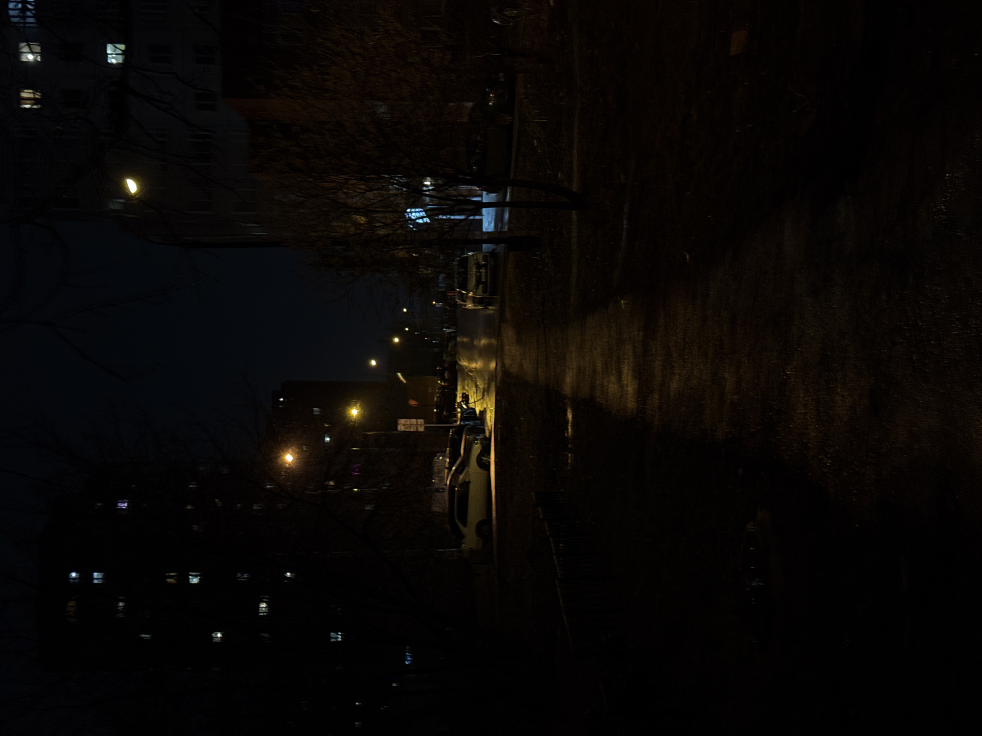The image depicts a night scene in Perm, Russia. A street is illuminated by sparse streetlights, reflecting off what appears to be a wet road surface. A row of parked cars lines one side of the street, and a building with lit windows is visible in the background. The overall environment is dark and quiet. Bare tree branches are visible against the night sky.