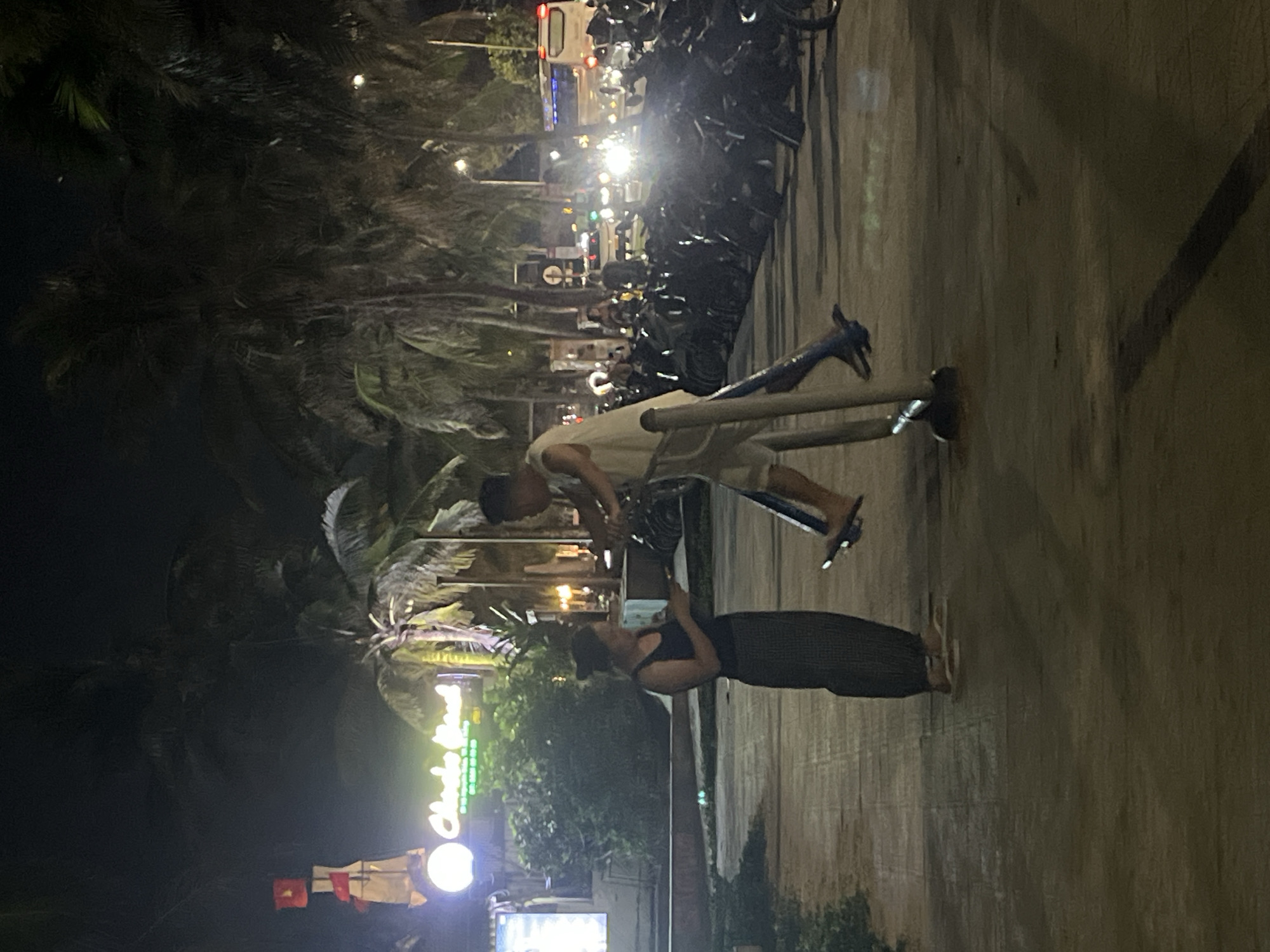 The image depicts a nighttime scene in Đà Nẵng, Vietnam, with two individuals in the foreground. A person, possibly male, wearing a light-colored sleeveless shirt and shorts, is leaning on a blue metal structure that appears to be a bicycle rack. They are holding a smartphone. Beside them, a person wearing a dark sleeveless top and a patterned skirt is also looking at a smartphone. They are positioned on a paved surface, likely a sidewalk or promenade, with palm trees visible in the background, their fronds illuminated by artificial lights.
Behind them, a street is lined with parked motorcycles. Further down the street, vehicle headlights and streetlights are visible, indicating traffic. A bright, neon green sign with white lettering is partially obscured by foliage, and a round white light fixture is also present. Small flags, one appearing to be the Vietnamese flag, are also visible. The overall atmosphere suggests a lively urban environment at night, possibly a tourist area or a busy street market. The lighting suggests it is evening or night.