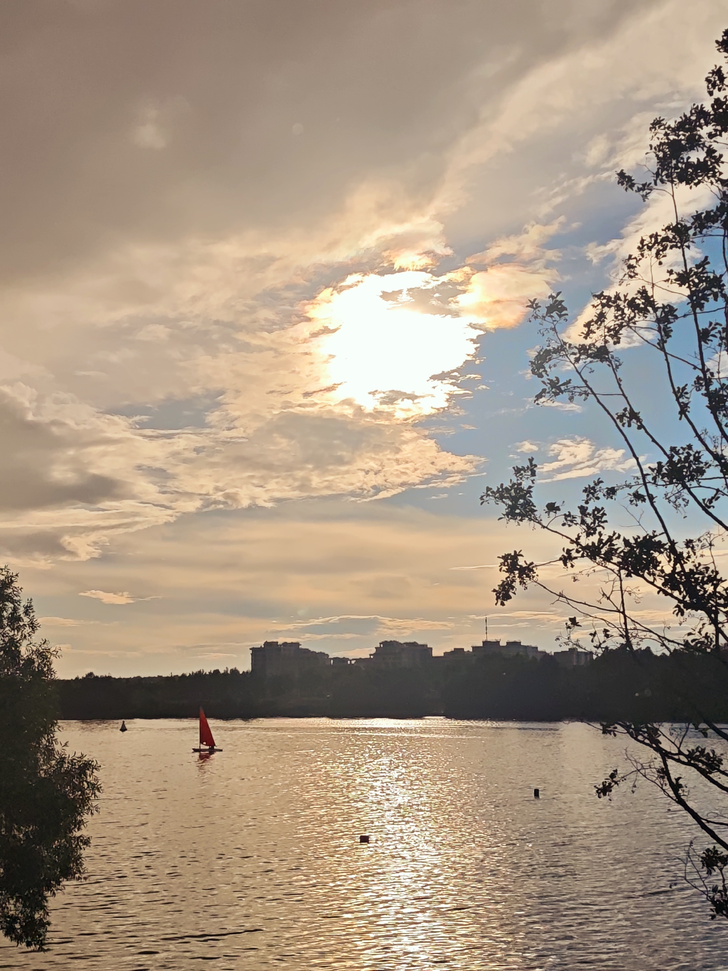 This is a photograph of a sunset over a body of water, likely the Volga River, in Dubna, Russia. In the foreground, the branches of a deciduous tree, silhouetted against the sky, frame the right side of the image. The water's surface is rippled and reflects the warm, golden light of the setting sun, creating a shimmering effect. A small red sailboat is visible on the water in the mid-ground, moving towards the left of the frame. In the background, a dark, tree-lined shore is visible, beyond which a cluster of multi-story buildings forms the city skyline of Dubna. The sky is filled with a mix of clouds, with the sun breaking through in a brilliant burst of light, casting a warm glow and creating subtle rainbow hues in the clouds. The overall atmosphere is serene and tranquil, characteristic of a sunset in a lakeside or riverside city.