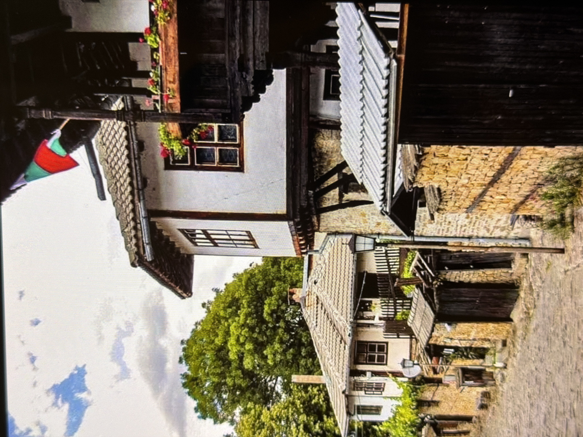 The image, taken in Lovech, Bulgaria, captures a picturesque and historic street scene featuring traditional architecture under a partly cloudy sky. The perspective looks down a winding cobbled street lined with old buildings.
On the left, a multi-story house with whitewashed walls and a tiled roof is prominent. It features dark wooden window frames, and vibrant red flowers spill from planter boxes beneath its windows. A flag, displaying green and red stripes, hangs near this building, likely a portion of the Bulgarian national flag.
Further along the street and to the right, other traditional houses are visible, characterized by their stone foundations, whitewashed or plastered upper sections, and wooden elements such as balconies, supports, and dark wooden doors. One building features a corrugated metal roof section or awning. A large, lush green tree stands prominently in the mid-ground, providing a burst of natural color. Street lamps are scattered along the cobbled pathway, suggesting the area is illuminated at night.
The scene appears to be set during the daytime, indicated by the natural light and visible clouds. No specific activity or individuals are depicted, offering a tranquil view of the historic town. No visible text is present in the image.