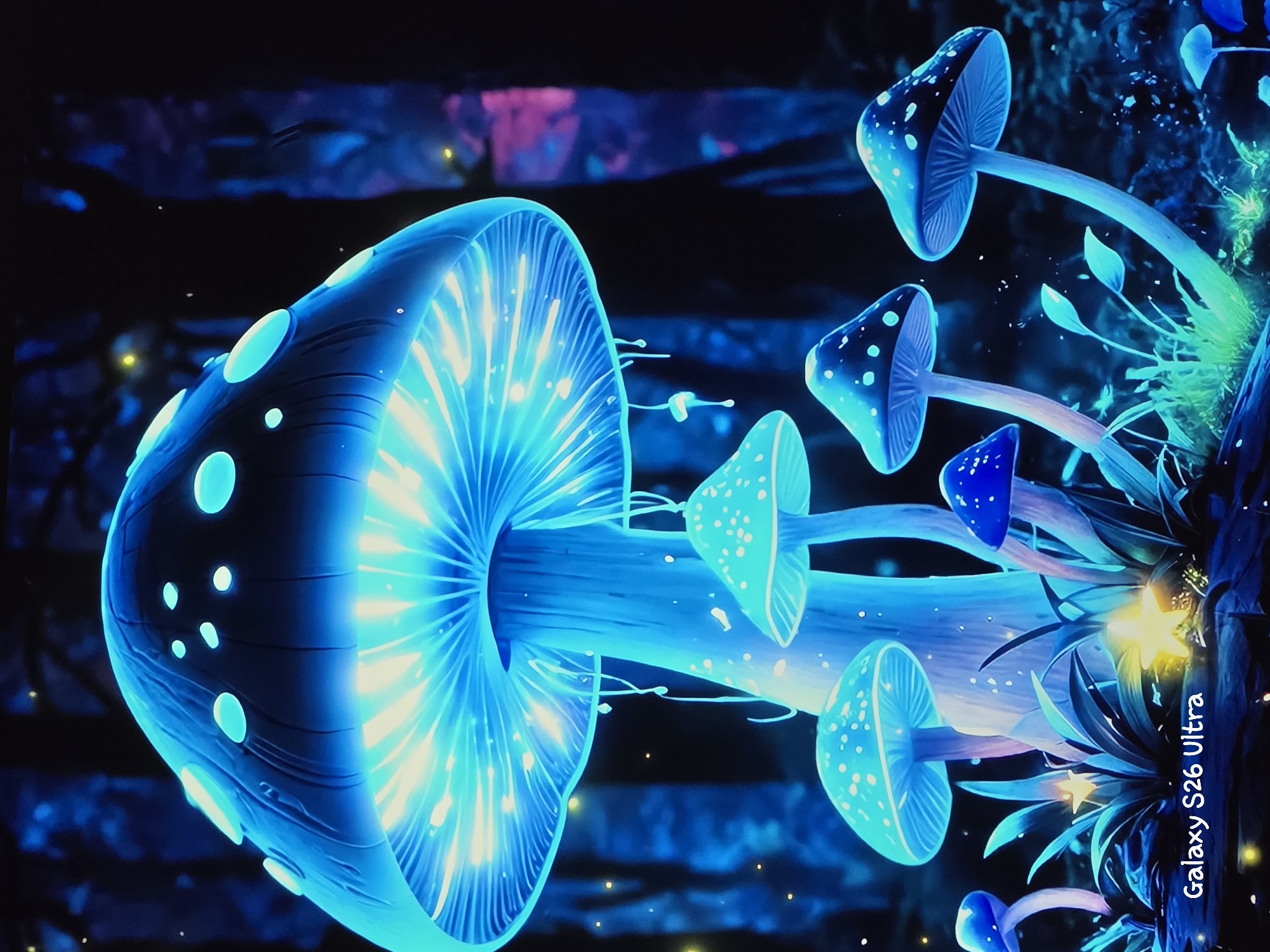 This is a digital artwork depicting a fantastical forest scene with bioluminescent mushrooms. The mushrooms are the primary subjects, glowing with vibrant blue and white light. The largest mushroom dominates the foreground, its cap featuring raised, glowing spots and radiating a bright light from beneath. Smaller mushrooms of varying sizes and shapes are clustered around it, also emitting light. The environment is a dark forest with blurred trees in the background, some showing hints of pink and purple light. Tiny glowing particles, resembling fireflies or spores, are scattered throughout the scene. The overall impression is one of an enchanted, otherworldly landscape. There is no discernible location in the city of Plovdiv, Bulgaria, as this is a digitally created fantasy image. The text "Galaxy S26 Ultra" is present in the lower left corner.