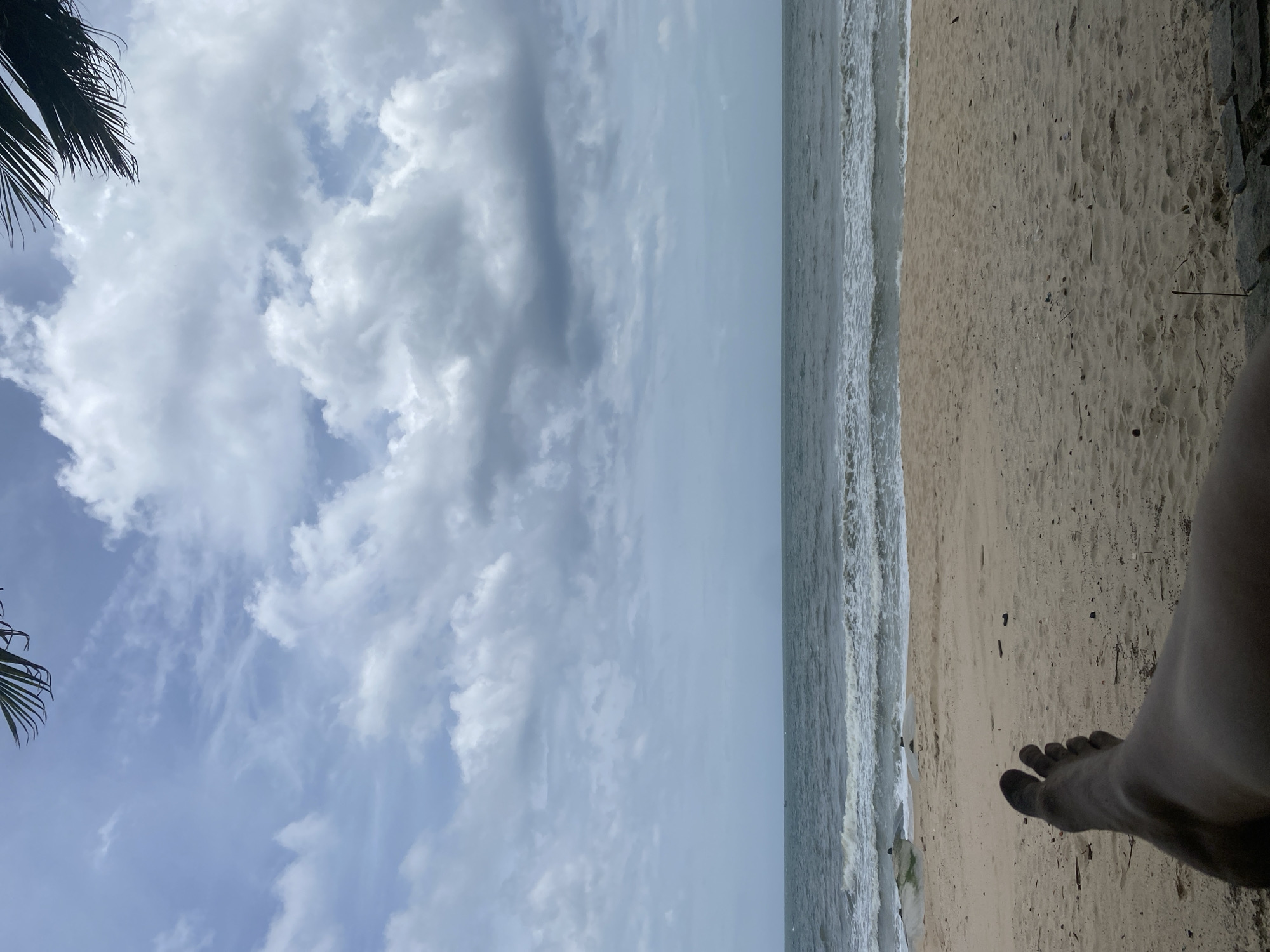 An over-the-shoulder shot captures a person's legs and feet resting on a sandy beach in Mũi Né, Vietnam, facing the ocean. The scene is dominated by the vast expanse of the sea and sky. The sky is filled with scattered clouds, ranging from light wisps to larger, darker formations, creating a dynamic and slightly overcast atmosphere. In the upper corners, the fronds of a palm tree are visible, framing the sky. The ocean exhibits moderate waves breaking gently on the shore, with a line of white foam marking the waterline. The sand is a light tan color, with scattered debris like small twigs and dried leaves. A small, dark object, possibly a rock or a piece of debris, is visible on the sand in the foreground. In the distance, a tiny boat is discernible on the horizon. The overall environment suggests a peaceful, natural setting typical of a Vietnamese beach.