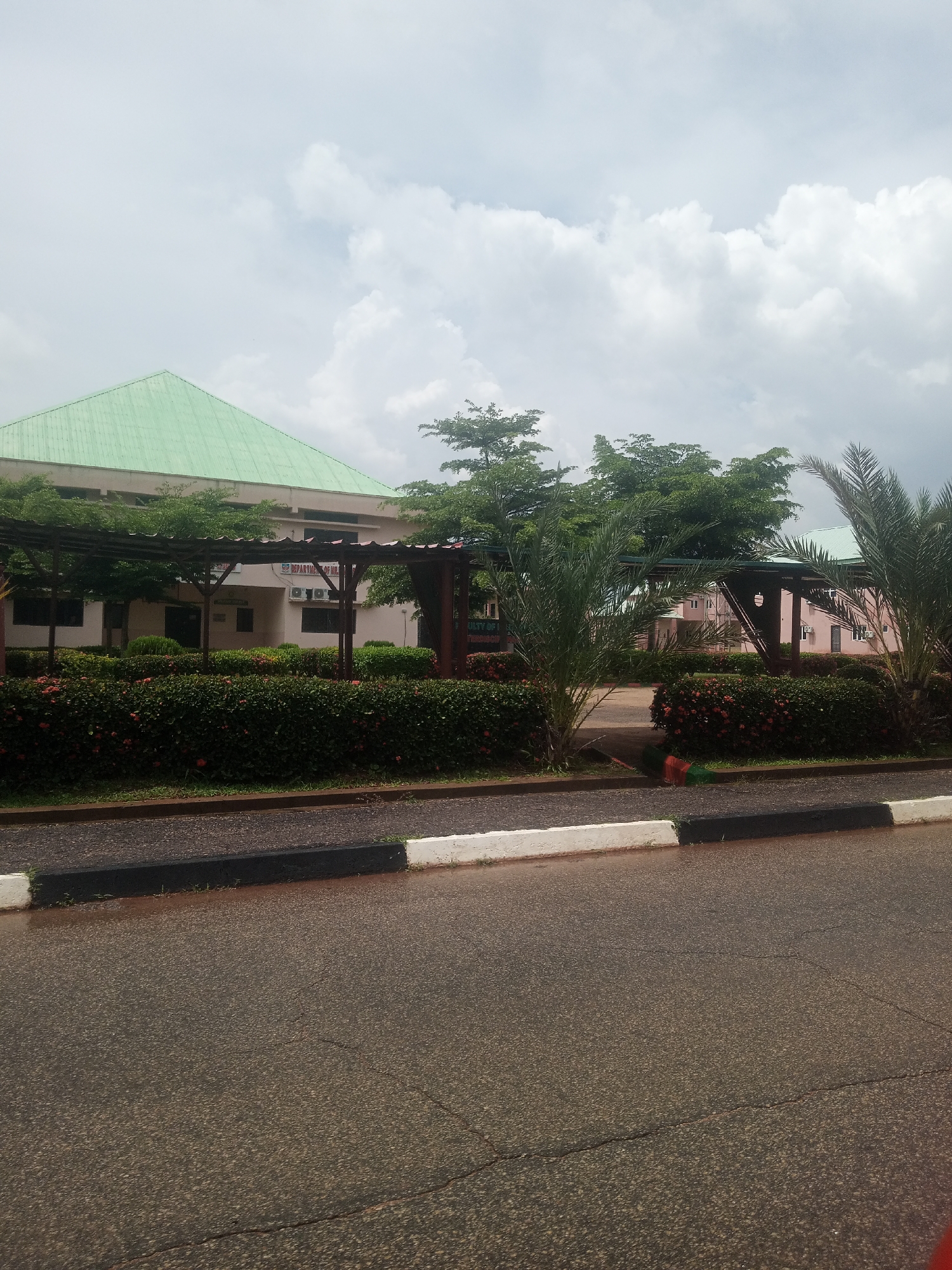The image depicts the exterior of a building with a distinctive green, sloped roof. The building appears to be a public institution, possibly educational, as evidenced by signage partially visible, one reading "DEPARTMENT OF MIL" and another fragment possibly indicating "FACULTY OF F". The facade of the building is light-colored and features several windows and what appear to be air conditioning units. In front of the building, there is a well-maintained garden area with neatly trimmed bushes and flowering plants. Several palm trees and other lush green foliage are scattered throughout the scene, creating a tropical or subtropical environment. A covered walkway or pergola with a dark roof extends across part of the foreground. The ground in front of the garden is paved with asphalt, and a sidewalk or curb with black and white markings is visible. The sky is partly cloudy, suggesting overcast weather. The image appears to have been taken in Afaka, Nigeria, though this specific detail cannot be confirmed solely from the visual elements. There are no people or animals visible in the image, and no discernable actions or interactions are taking place. The scene is static and focuses on the architecture and landscaping of the location.