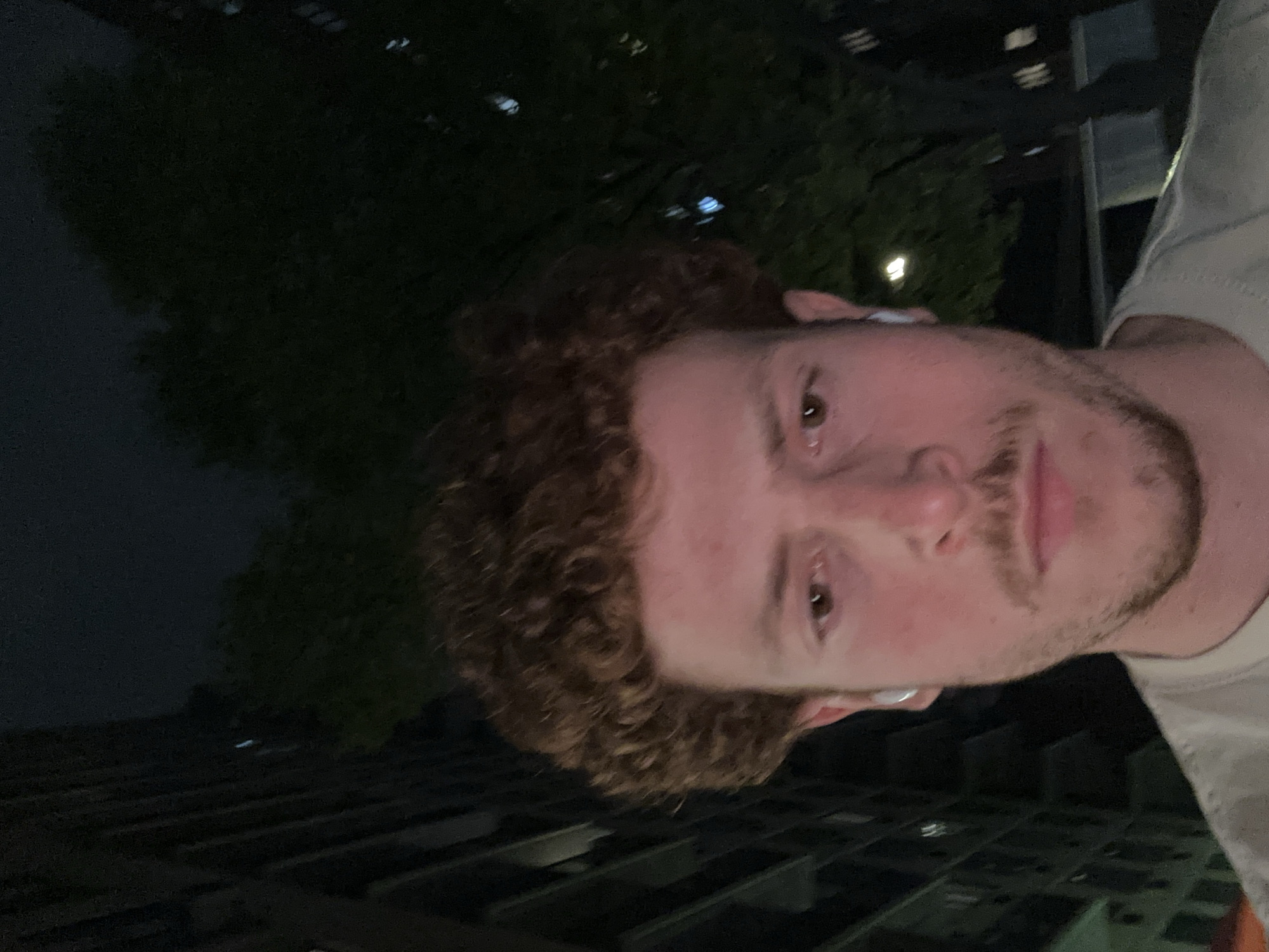 A selfie shows a person with red curly hair, a beard, and brown eyes. They are wearing a white t-shirt. In the background, there is a tree, a dark building, and the sky. Based on the building style, the location could be New York City, United States. The image appears to be taken at night.
